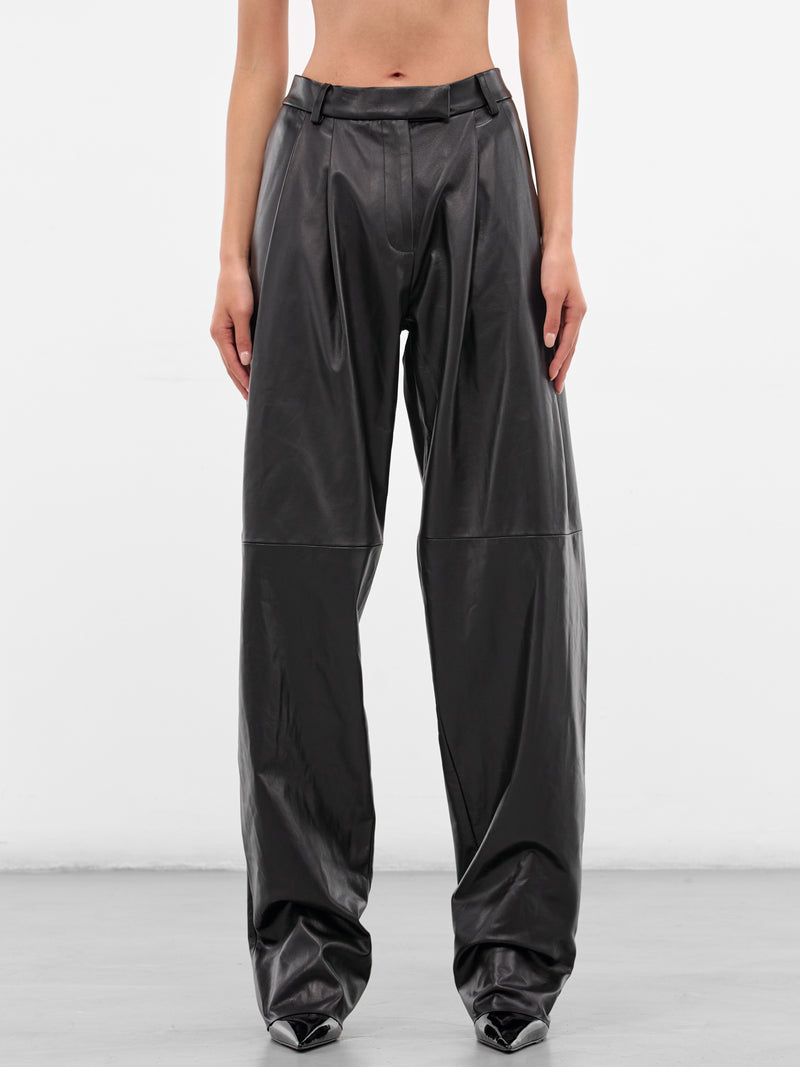 Black Leather Tailored Pleated Trousers (319-T09-BLACK)