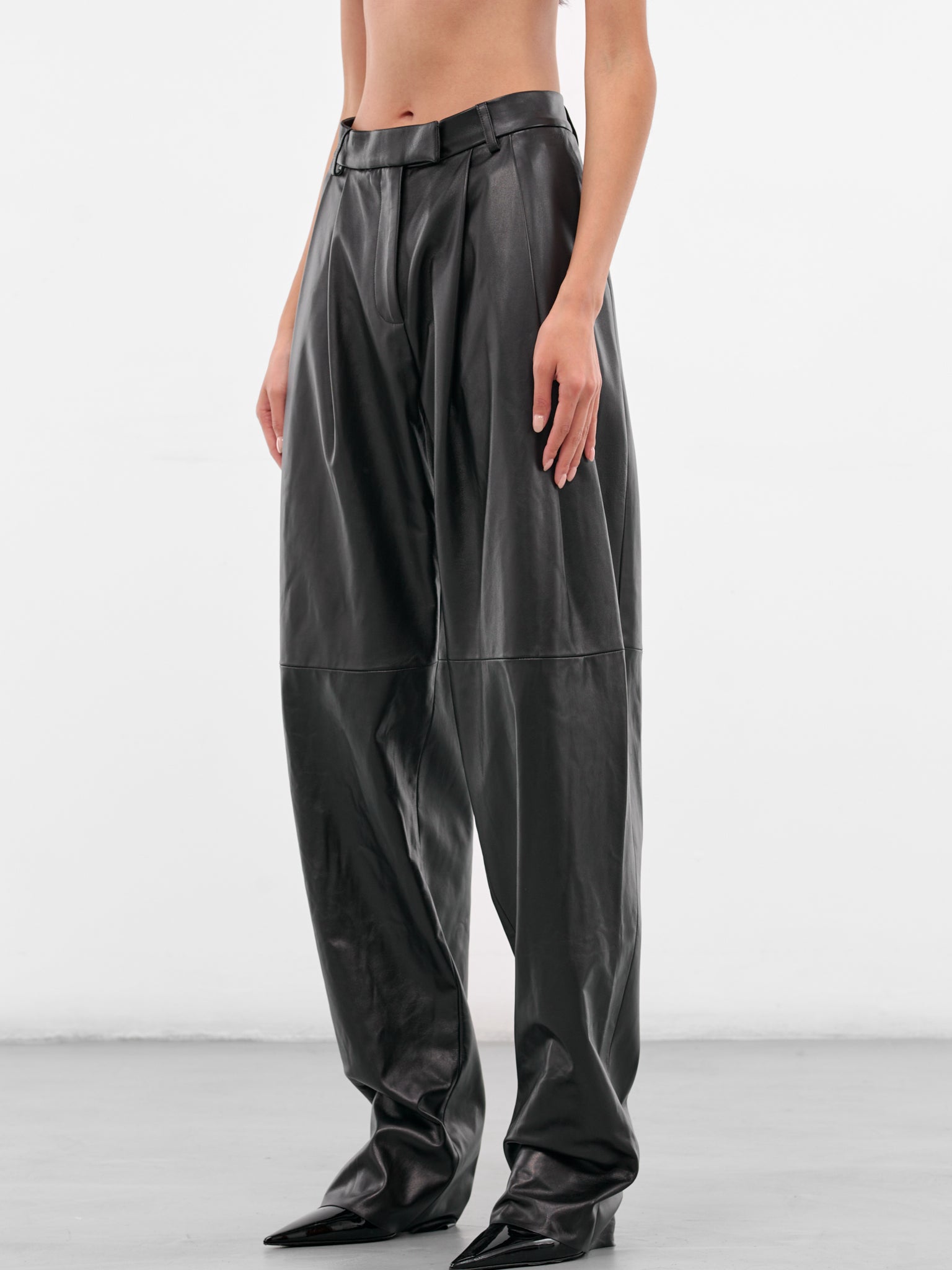 Black Leather Tailored Pleated Trousers (319-T09-BLACK)