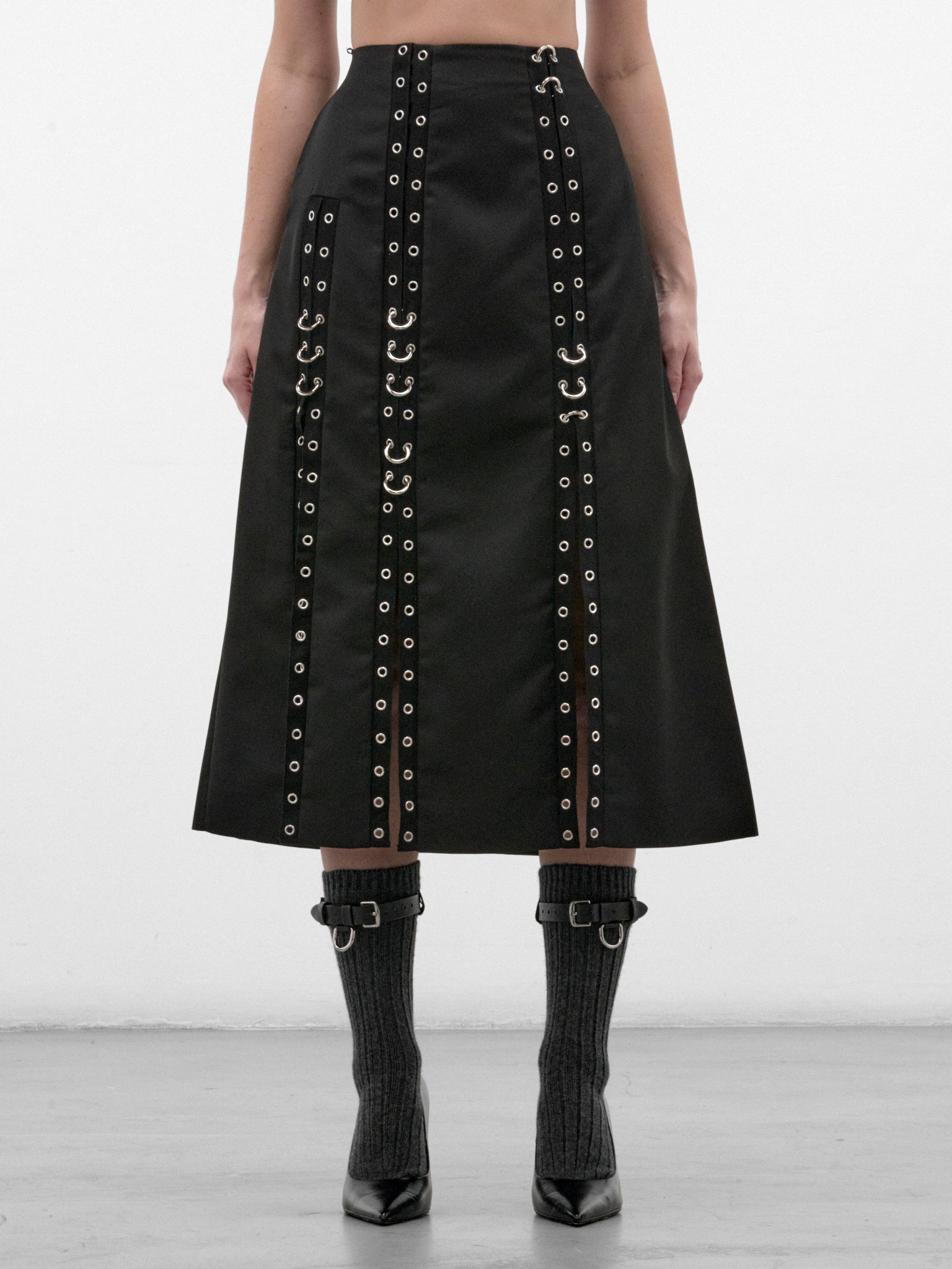 Black Twill Grommet Midi Skirt (3227-1334-BLACK)
