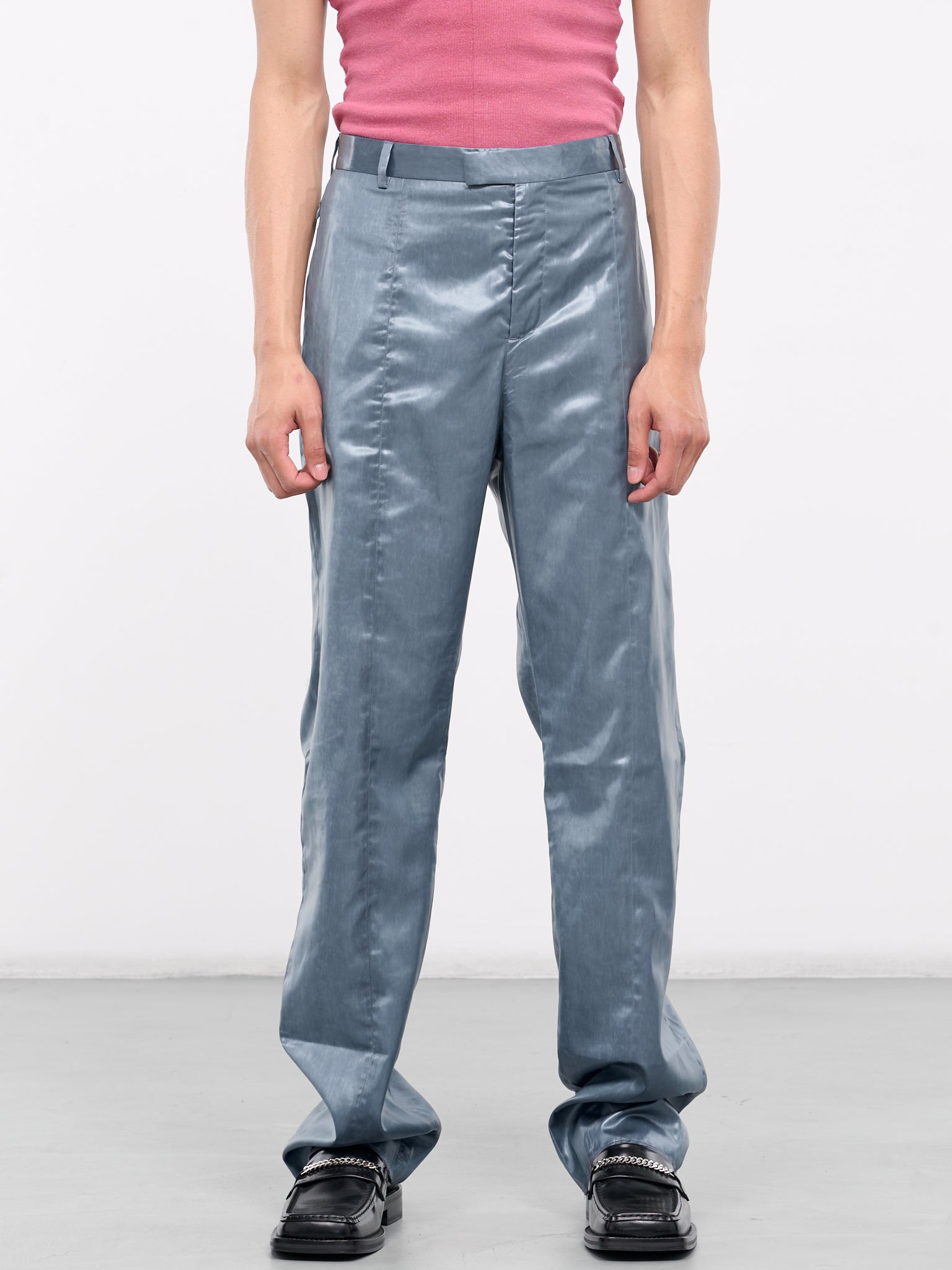 ファッション Narrow Front (326-WET-LOOK-PETROL) Trousers パンツ