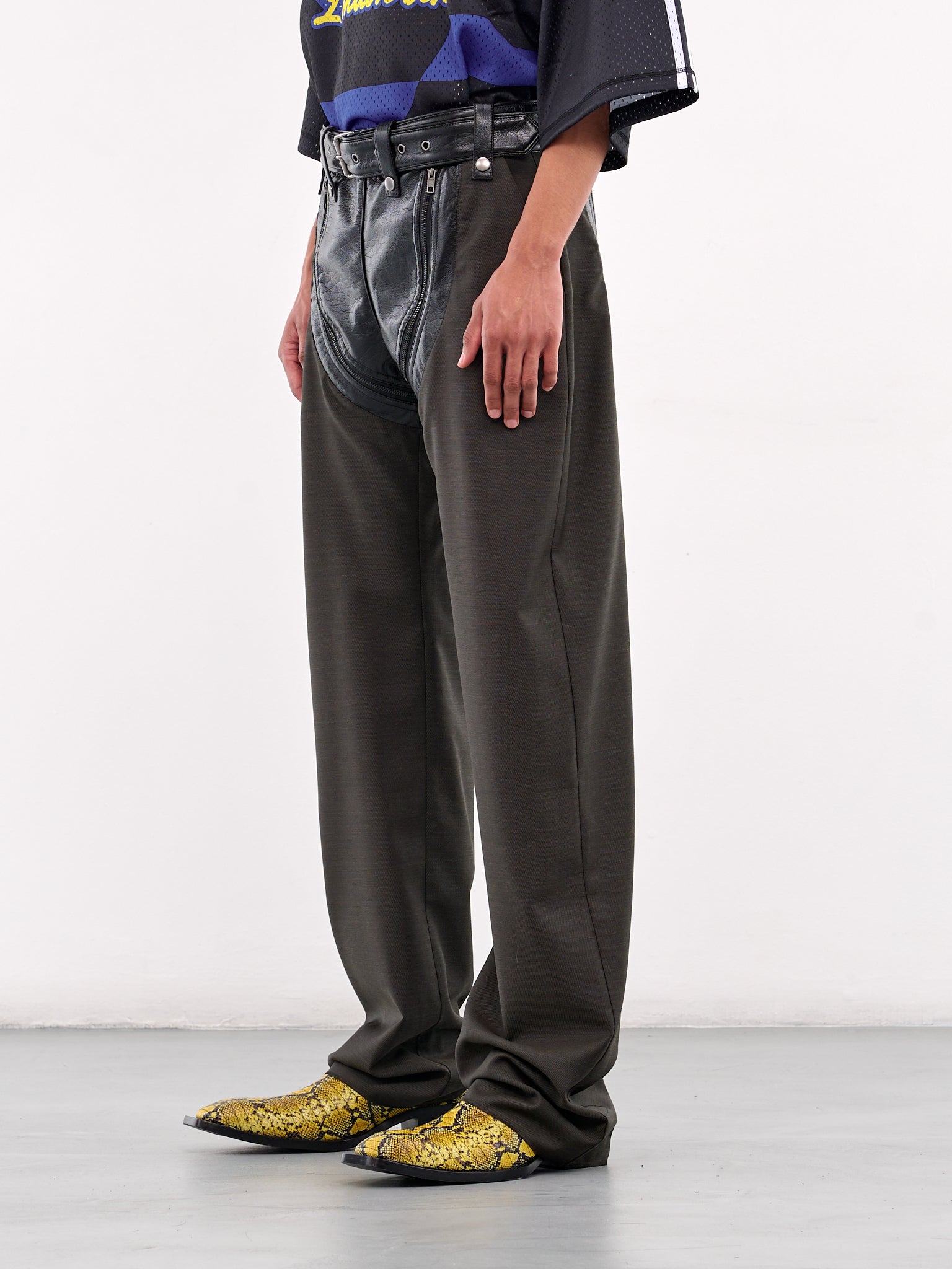 Leather Zip Panel Trousers (360WT10414-GREEN)