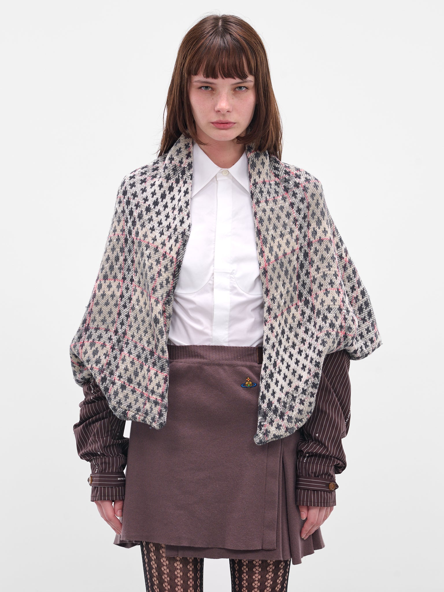 Gray Cross Distressed Tartan Poncho (3803005T-Y0044-O103-MULTI)