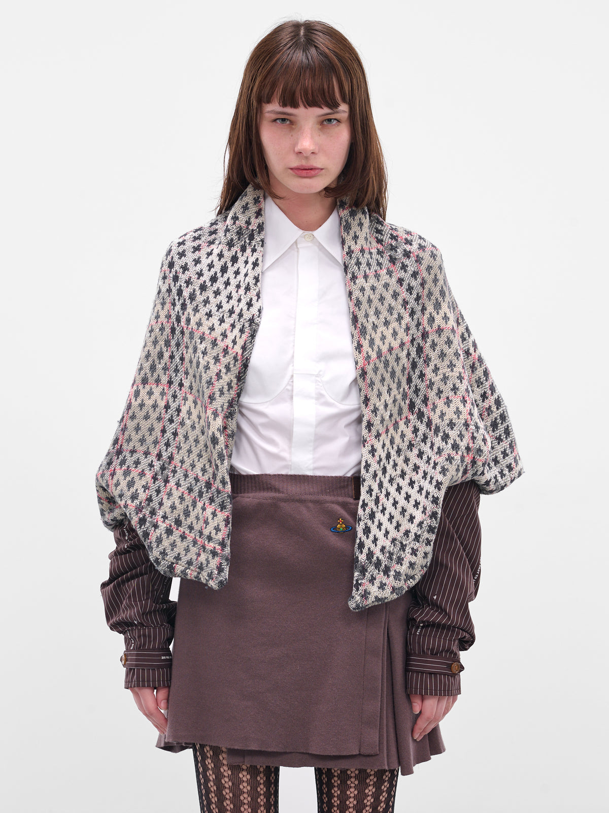 Gray Cross Distressed Tartan Poncho (3803005T-Y0044-O103-MULTI)