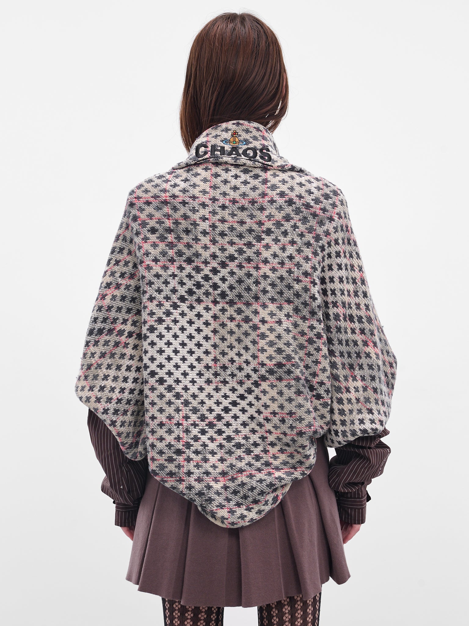 Gray Cross Distressed Tartan Poncho (3803005T-Y0044-O103-MULTI)