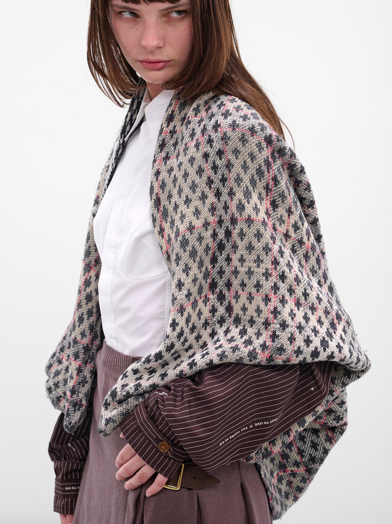 Gray Cross Distressed Tartan Poncho (3803005T-Y0044-O103-MULTI)