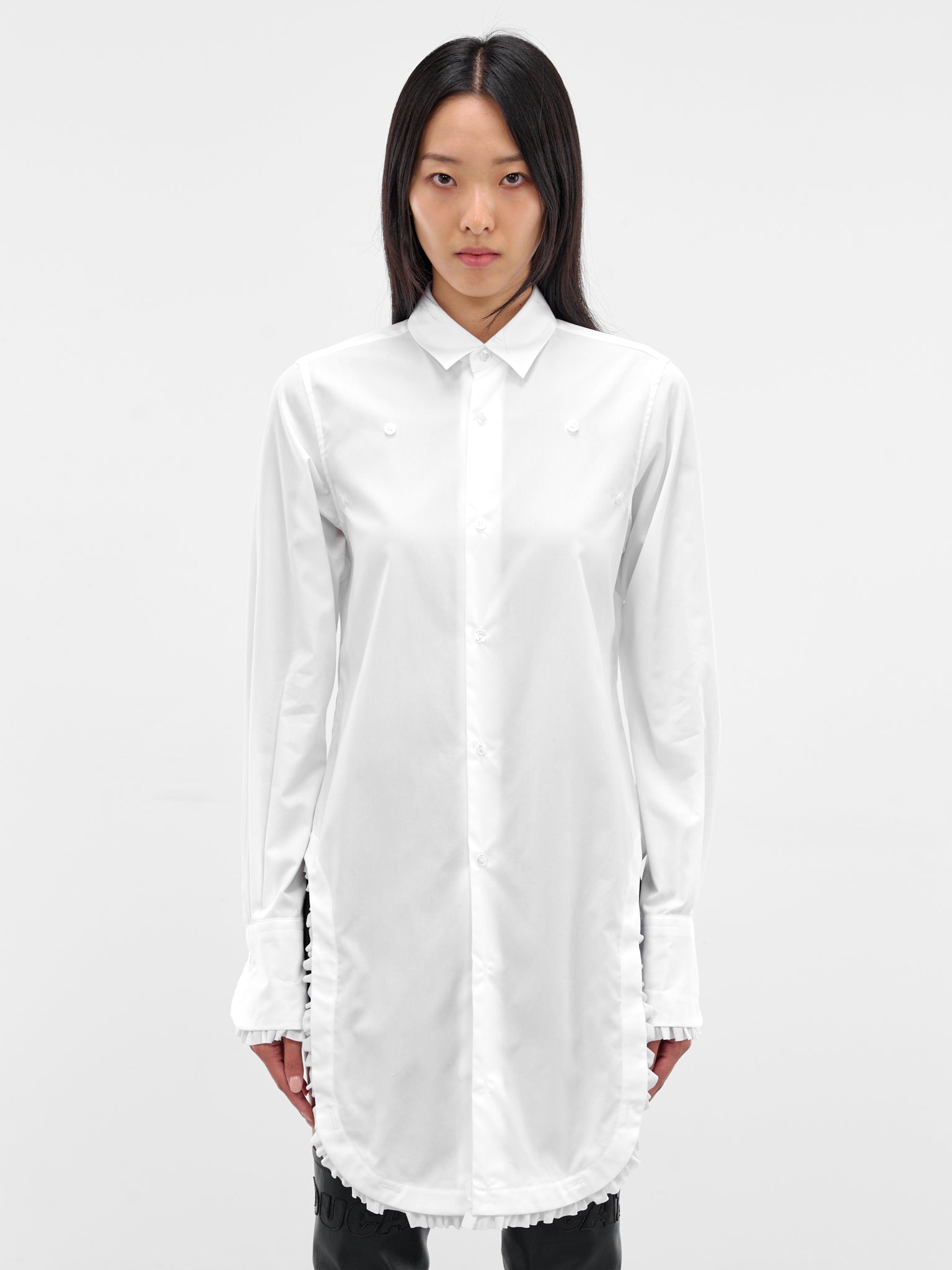 White Ruffled Hem Button-Up Shirt (3P-B010-WHITE)