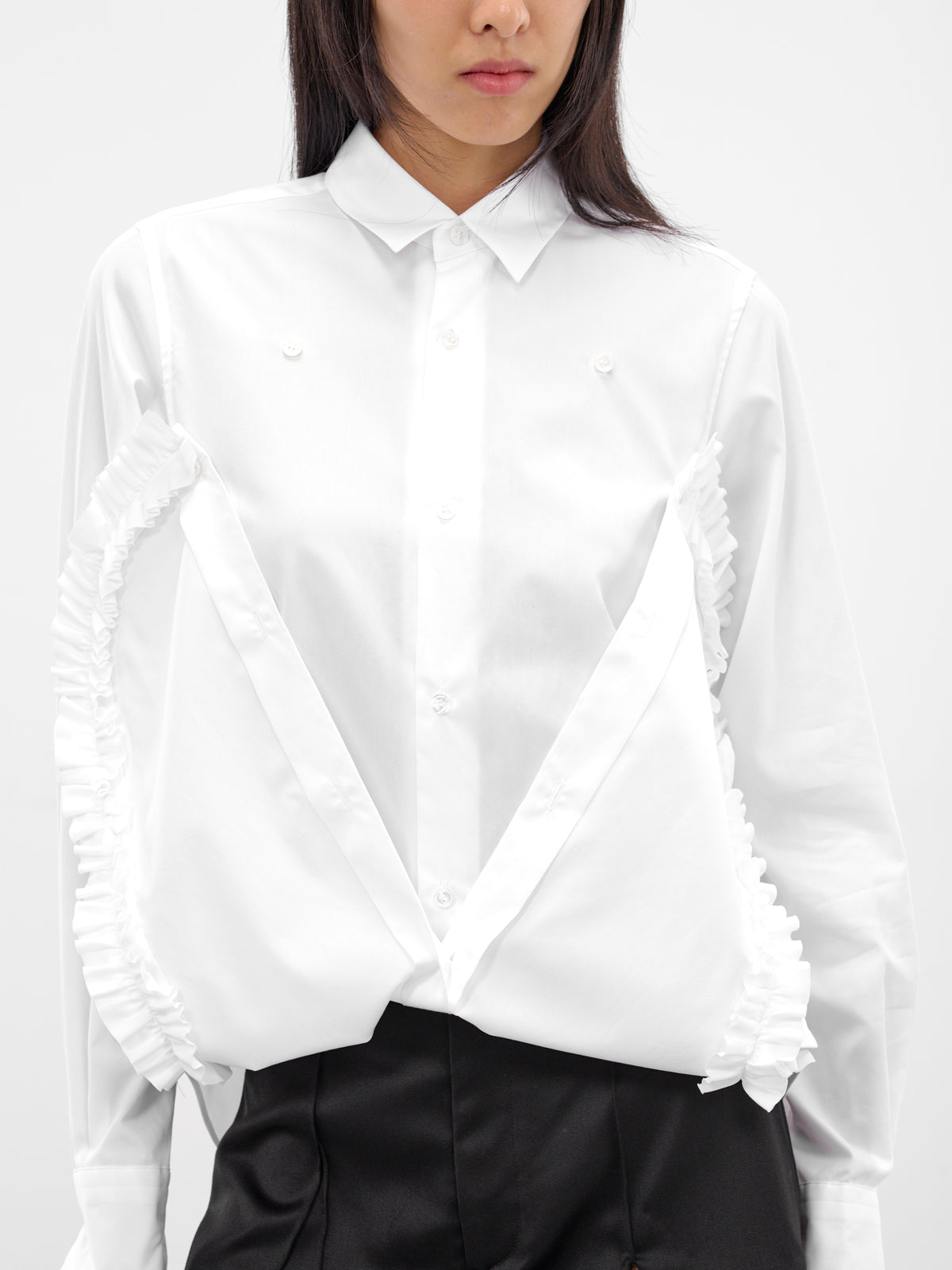 White Ruffled Hem Button-Up Shirt (3P-B010-WHITE)