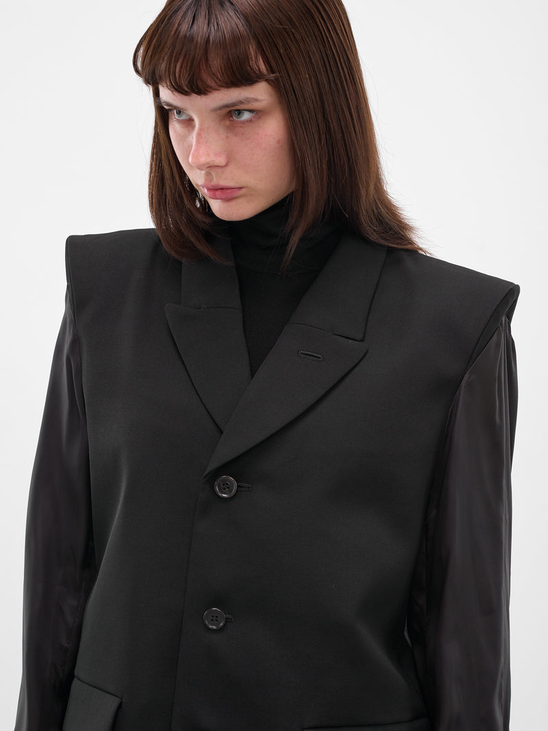 Black Wool Contrast Sleeves Blazer (3P-J007-051-1-BLACK)