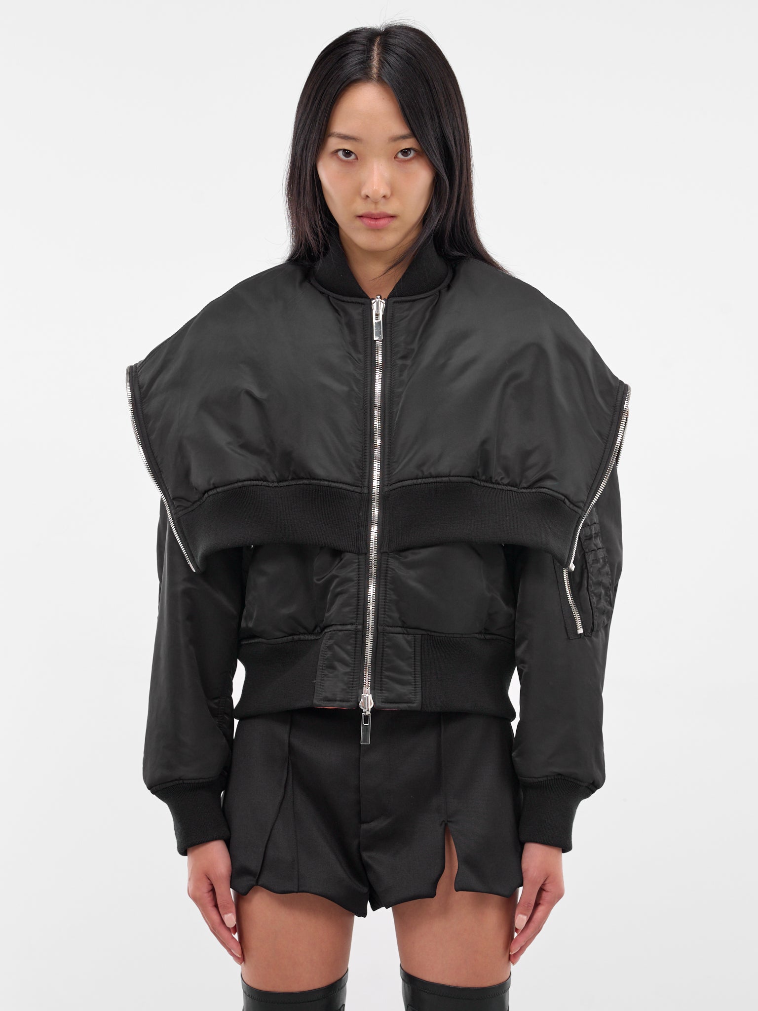 Black Nylon Deconstructed Bomber Jacket (3P-J013-BLACK)