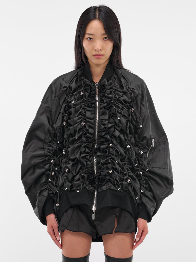 Black Ruched Nylon Bomber Jacket (3P-J014-BLACK)