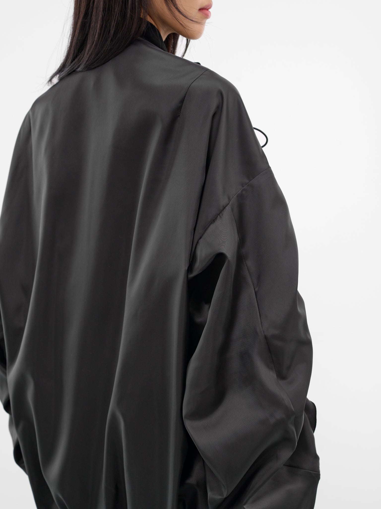 Black Ruched Nylon Bomber Jacket (3P-J014-BLACK)