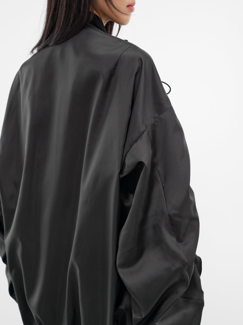 Black Ruched Nylon Bomber Jacket (3P-J014-BLACK)