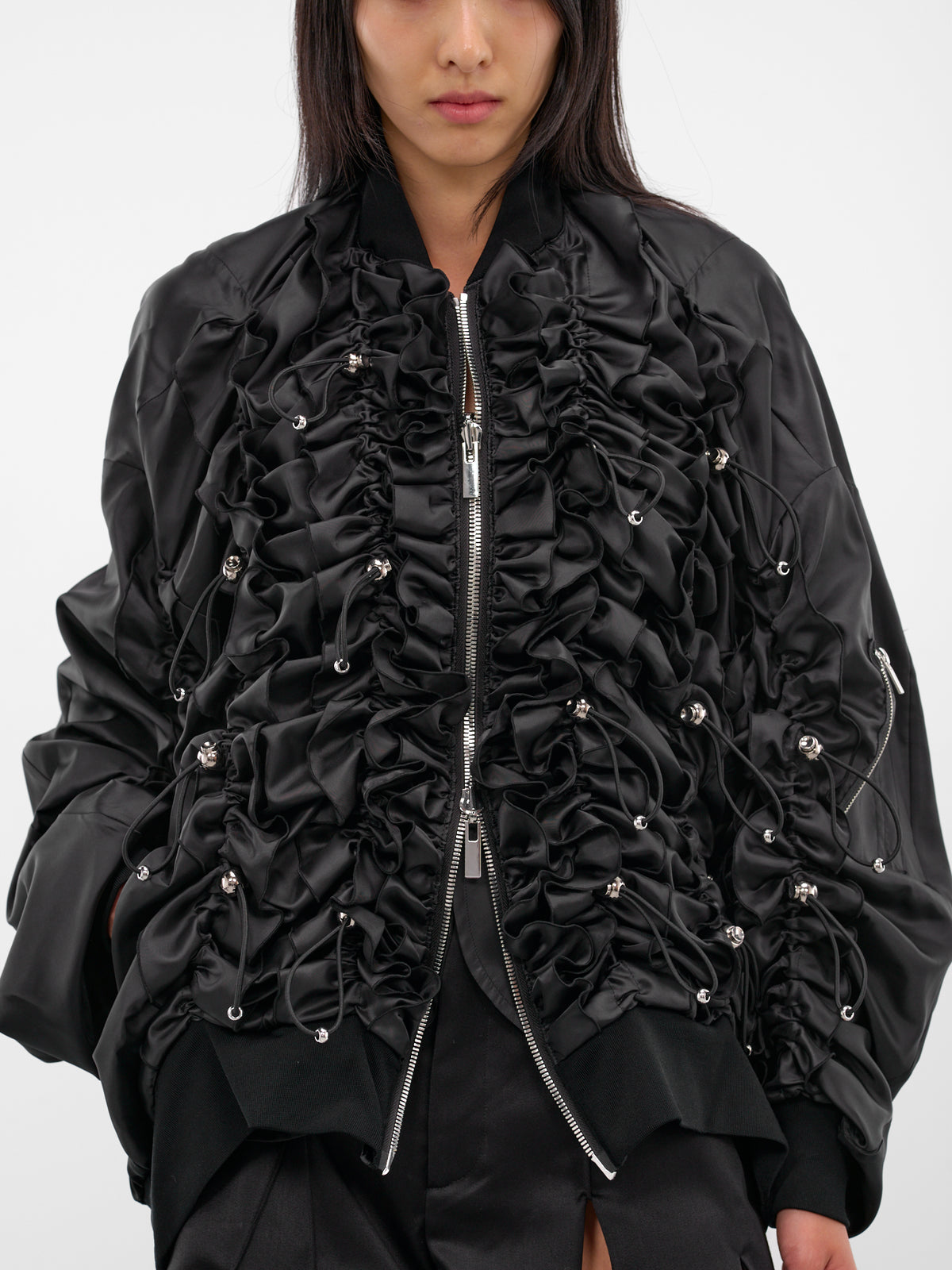 Black Ruched Nylon Bomber Jacket (3P-J014-BLACK)