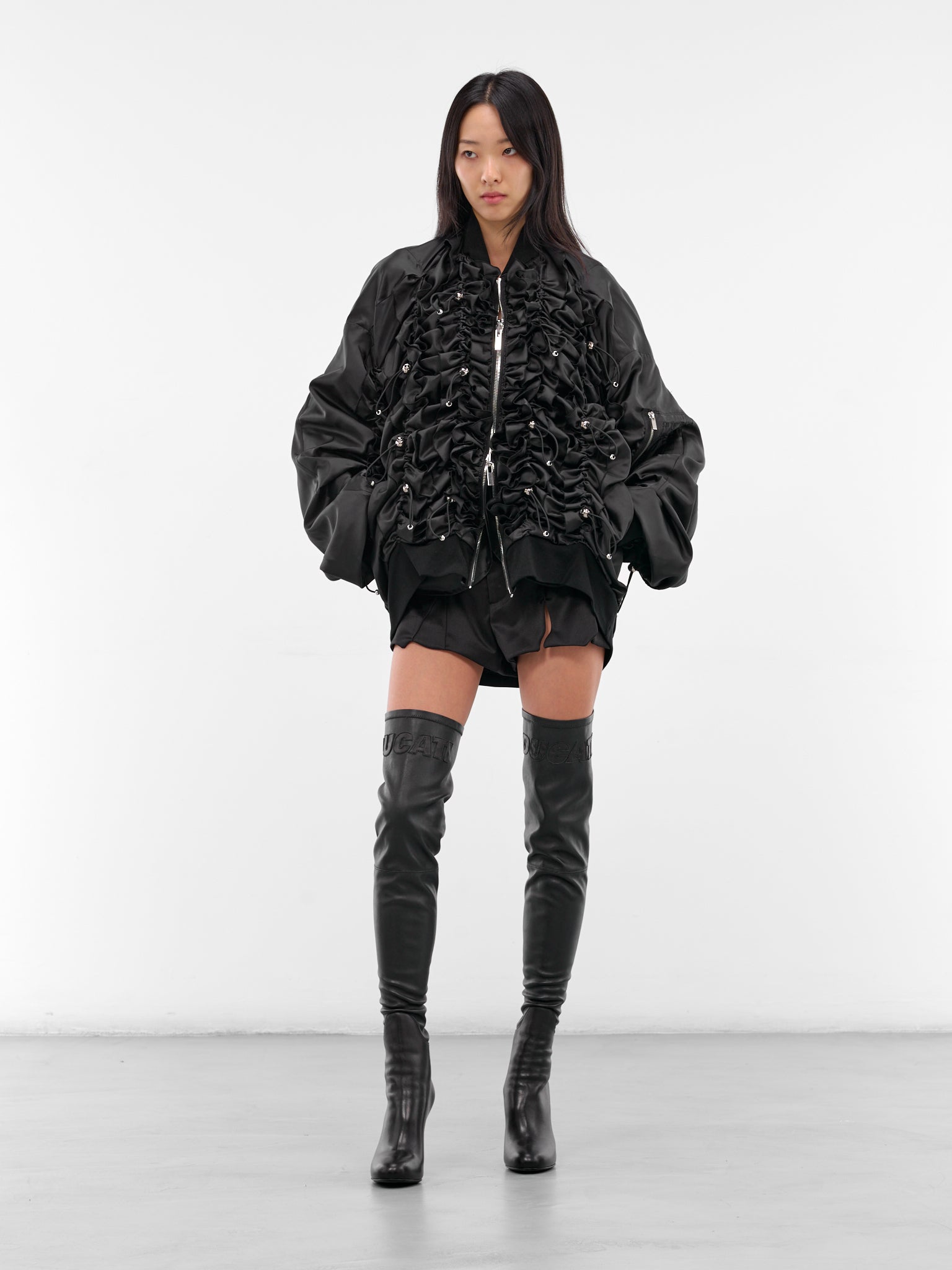 Black Ruched Nylon Bomber Jacket (3P-J014-BLACK)