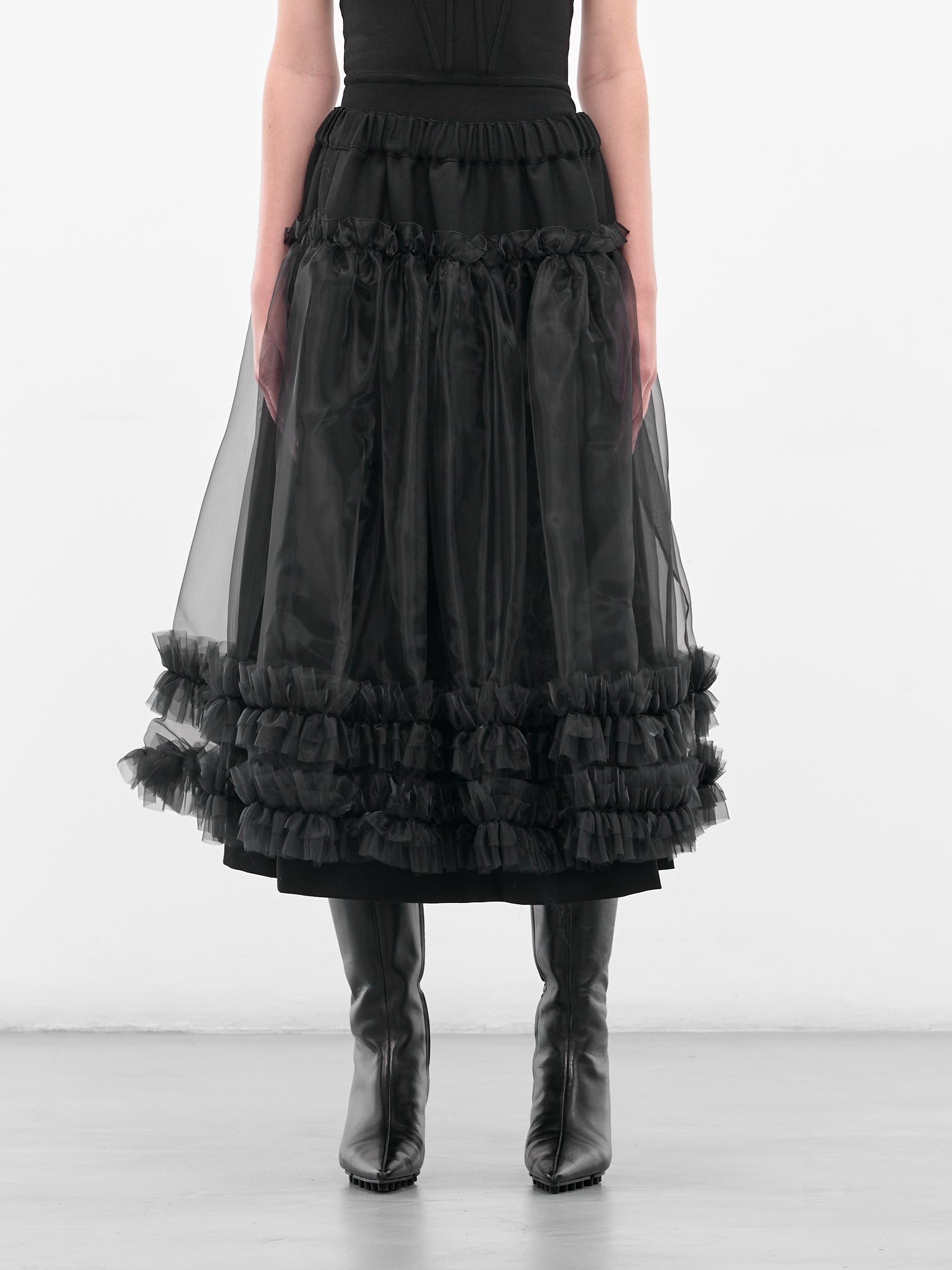 Black Layered Ruffle Midi Skirt (3P-S001-051-1-BLACK)