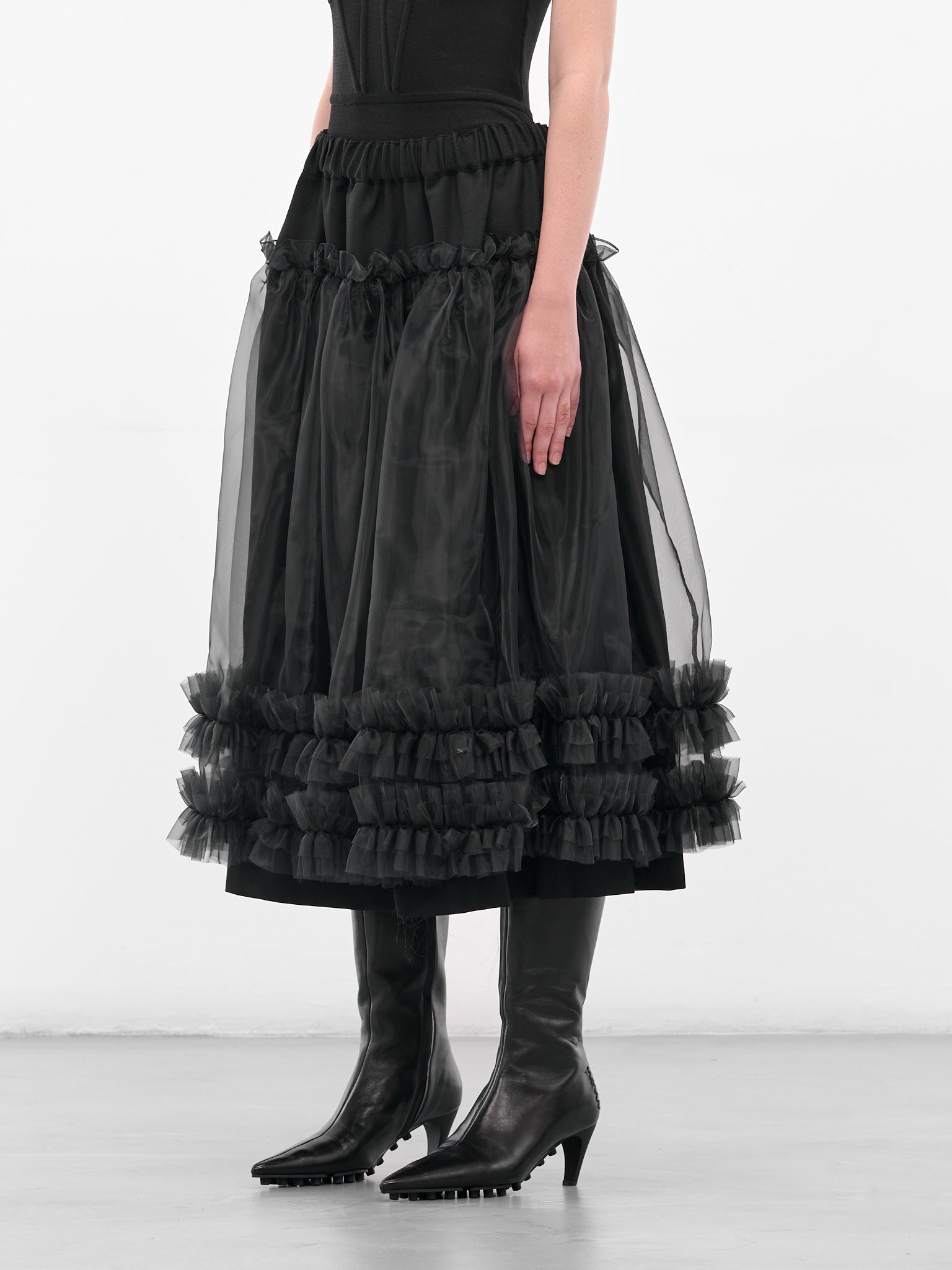 Black Layered Ruffle Midi Skirt (3P-S001-051-1-BLACK)