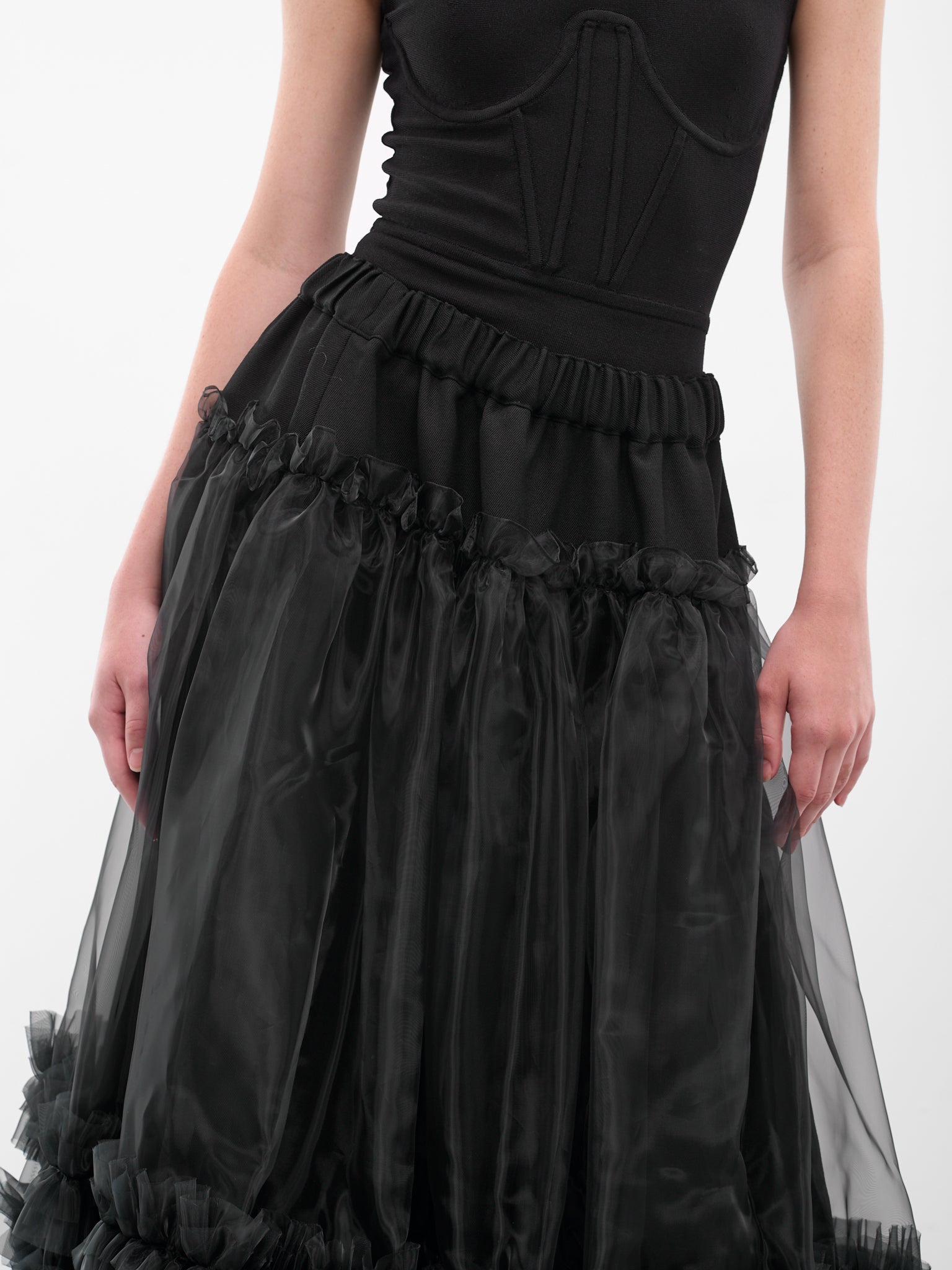 Black Layered Ruffle Midi Skirt (3P-S001-051-1-BLACK)