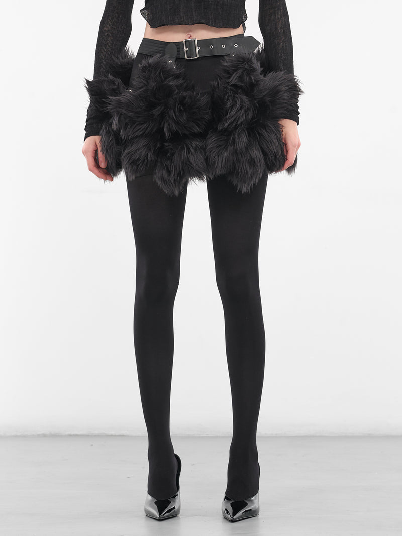 Black Fur Belted Mini Skirt (3P-S011-051-1-BLACK)