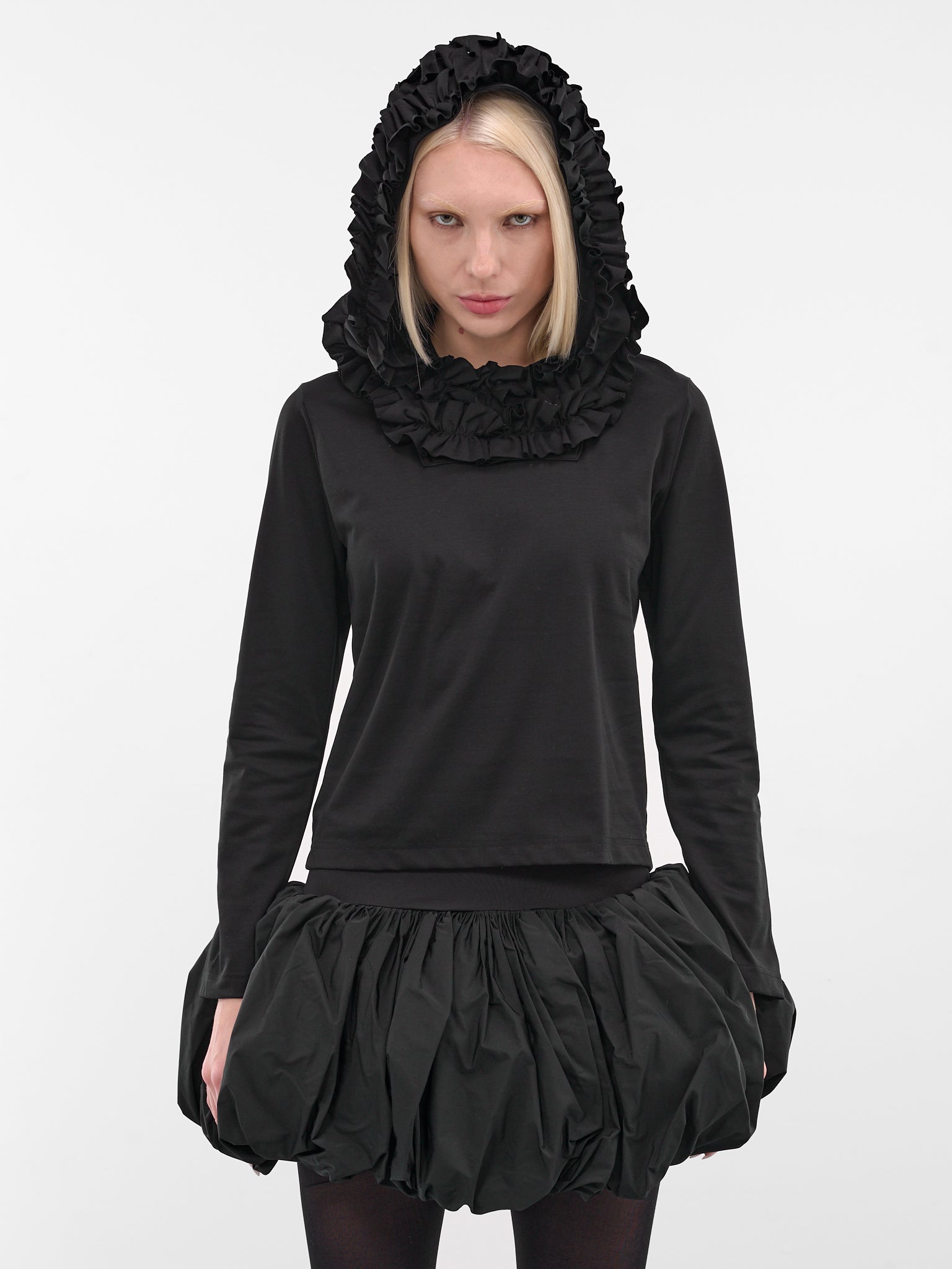 Black Ruffle Hood Sleeved Tee (3P-T014-BLACK)