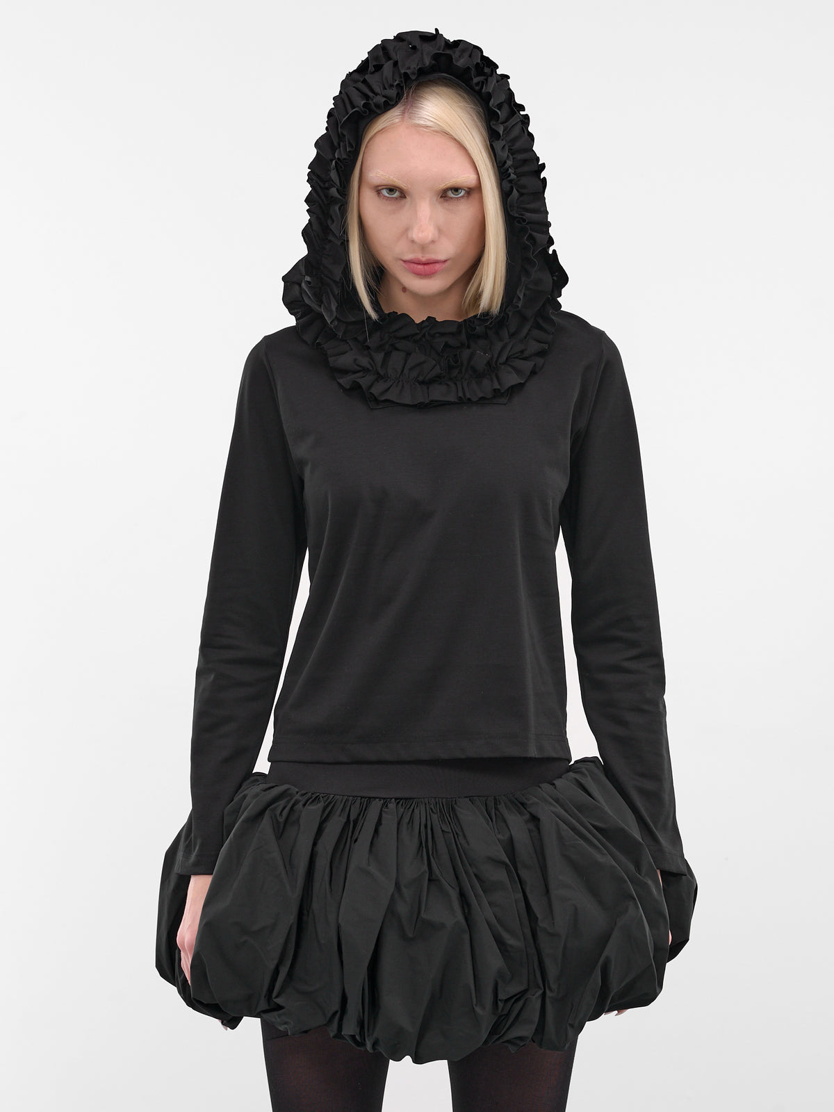 Black Ruffle Hood Sleeved Tee (3P-T014-BLACK)