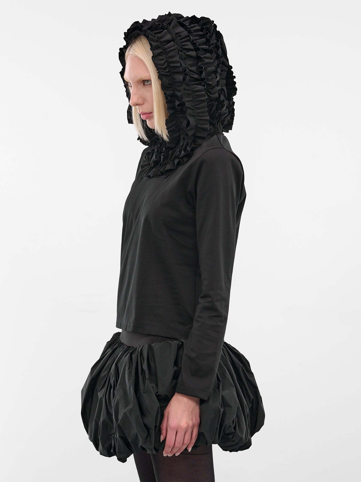 Black Ruffle Hood Sleeved Tee (3P-T014-BLACK)