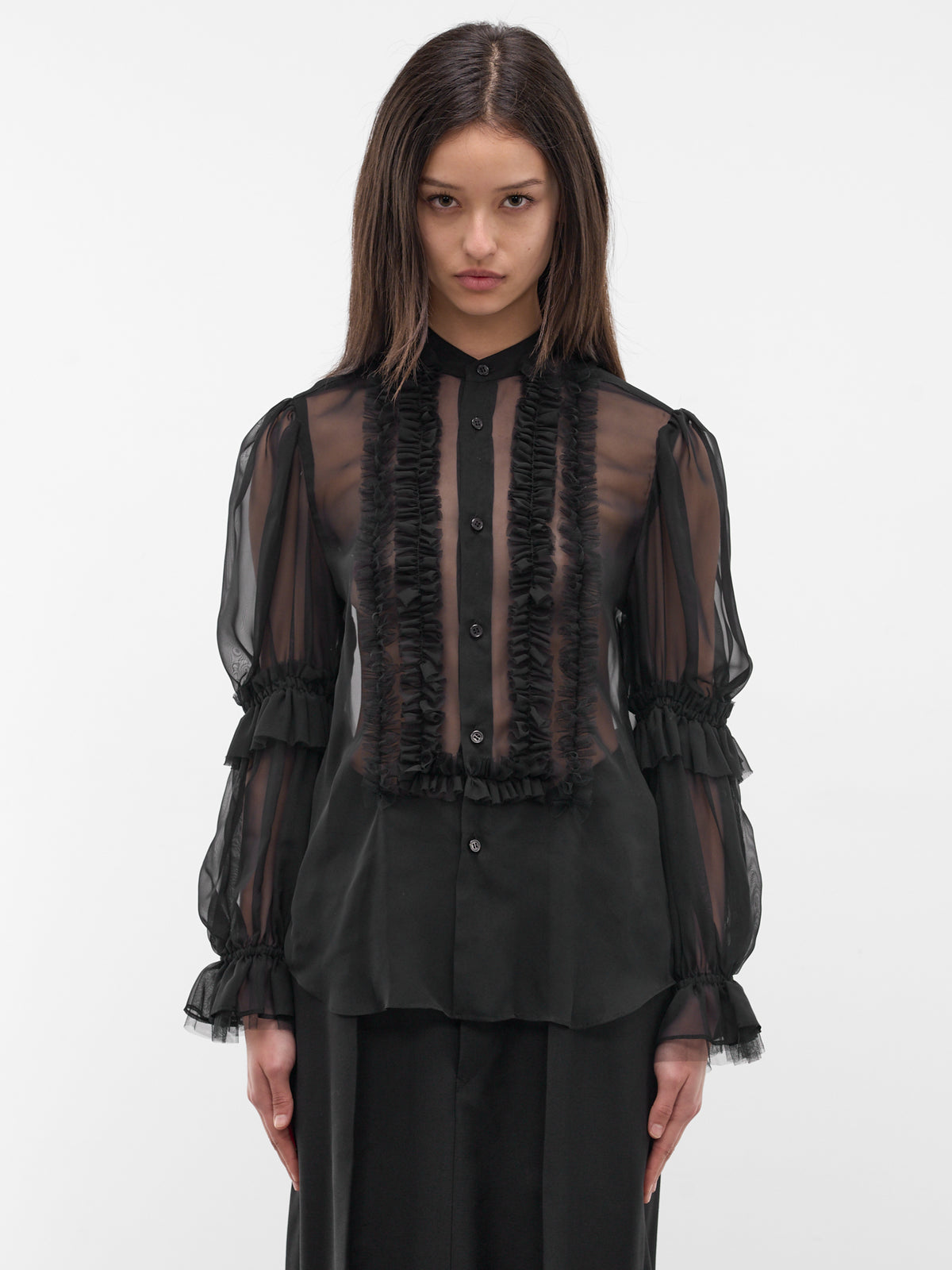 Black Sheer Georgette Ruffle Blouse (3Q-B009-S26-BLACK)