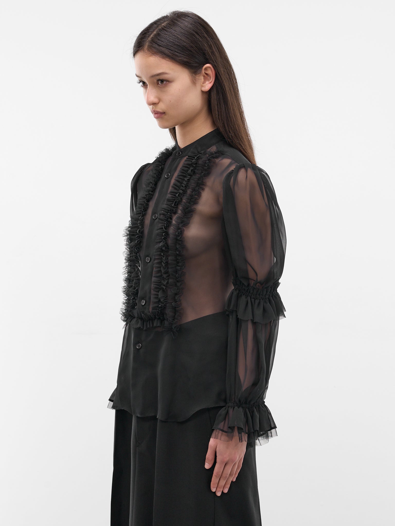 Black Sheer Georgette Ruffle Blouse (3Q-B009-S26-BLACK)