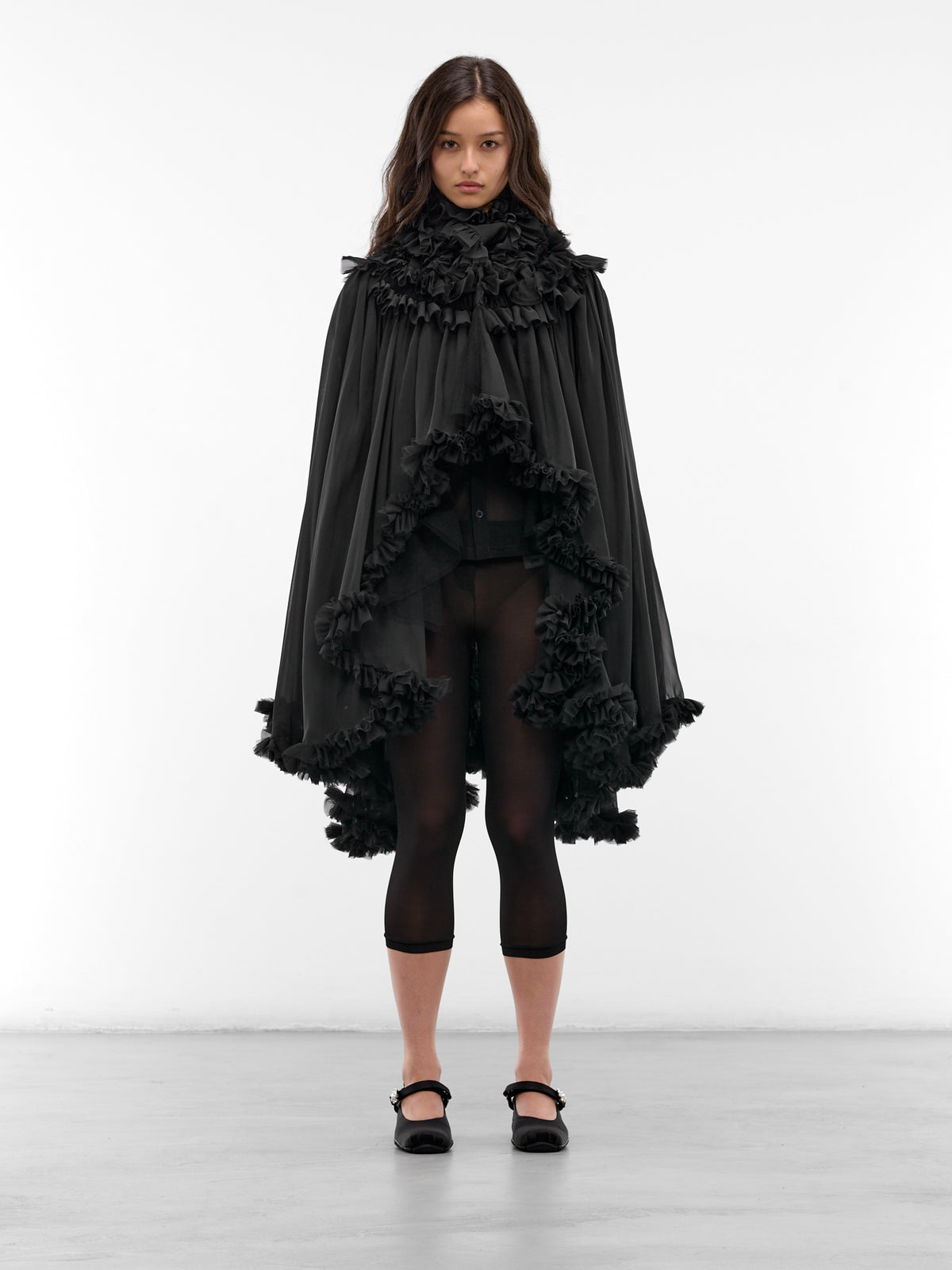 Black Georgette Hooded Cape Jacket (3Q-J009-S26-BLACK)