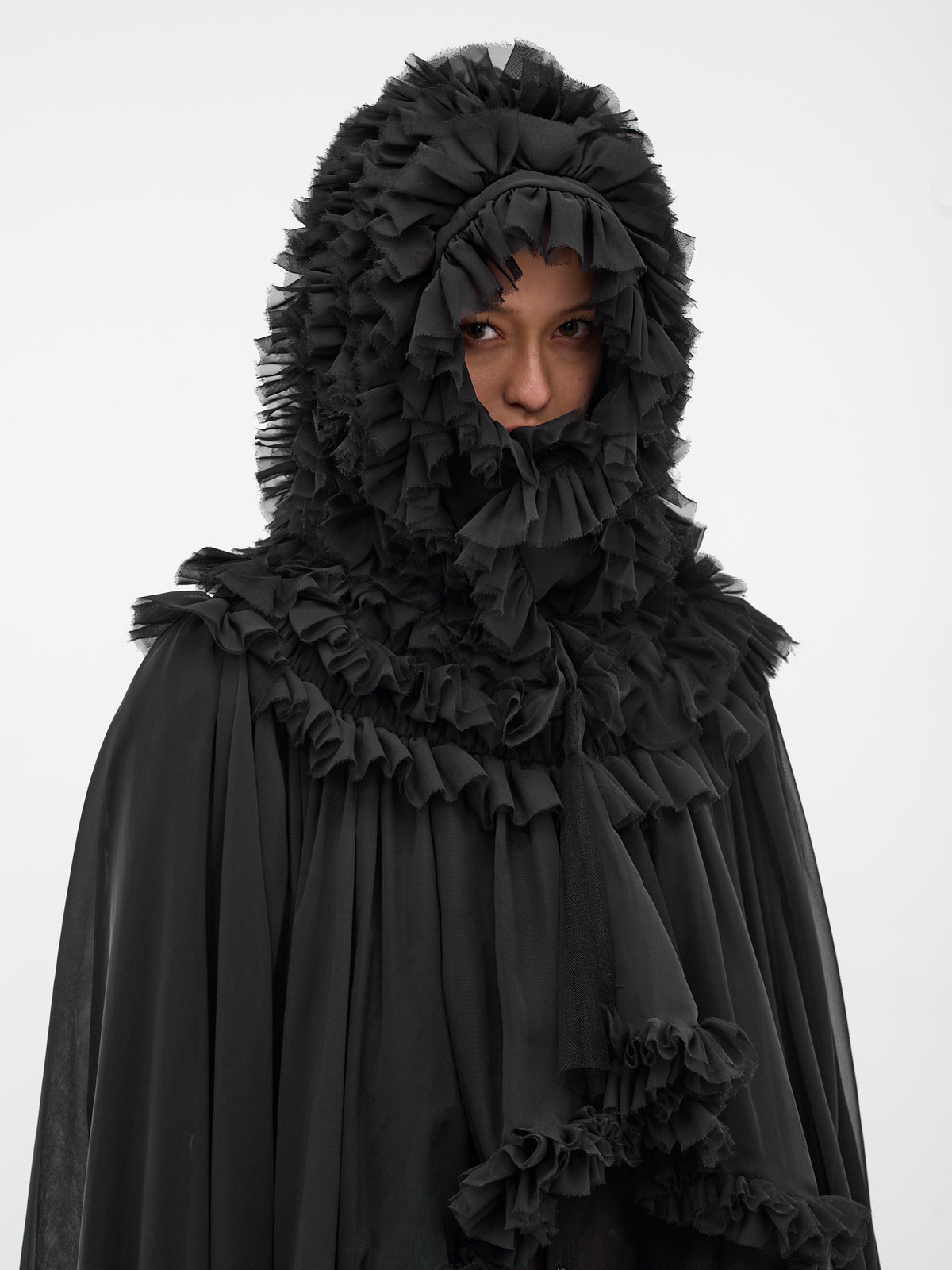 Black Georgette Hooded Cape Jacket (3Q-J009-S26-BLACK)