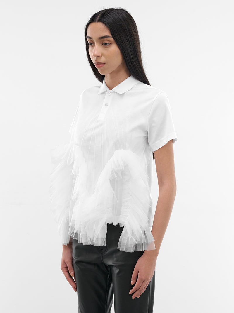 White Tulle Ruffle Polo Shirt (3Q-T003-S26-WHITE)
