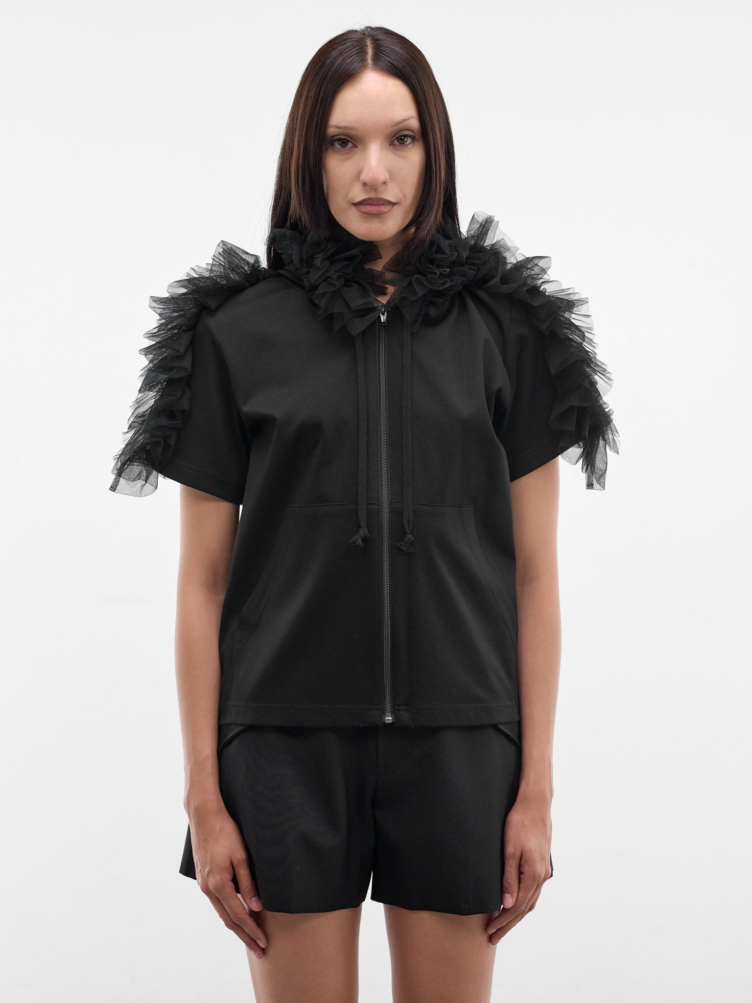Ruffle Tulle Short Sleeve Hoodie (3Q-T015-S26-BLACK)