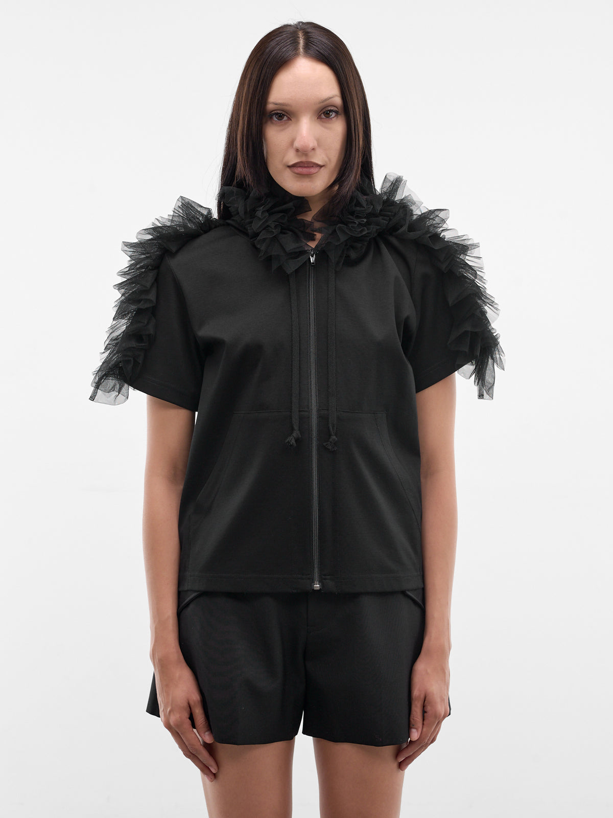 Ruffle Tulle Short Sleeve Hoodie (3Q-T015-S26-BLACK)