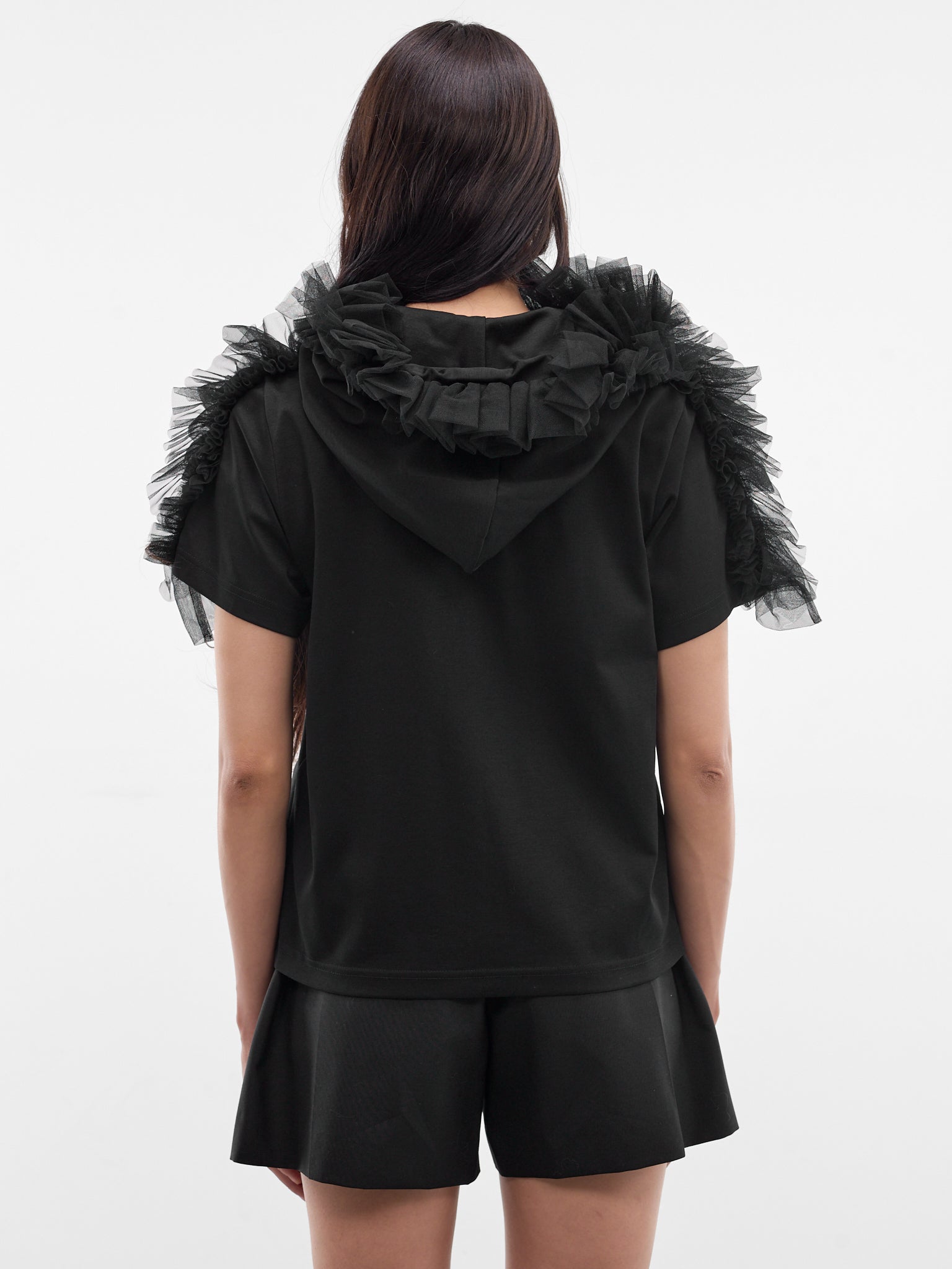 Ruffle Tulle Short Sleeve Hoodie (3Q-T015-S26-BLACK)