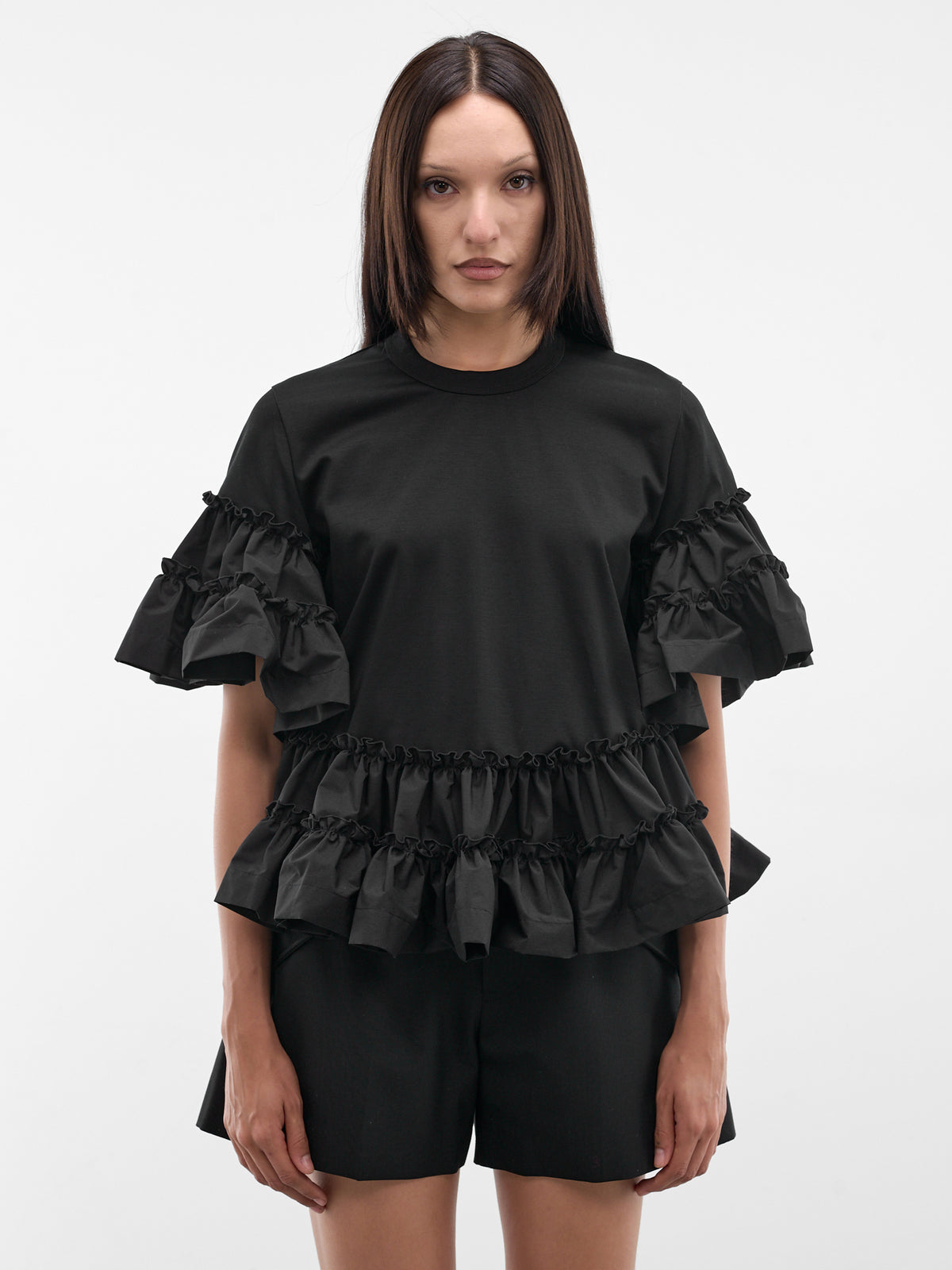 Black Ruffle Trim Tee (3Q-T017-S26-BLACK)