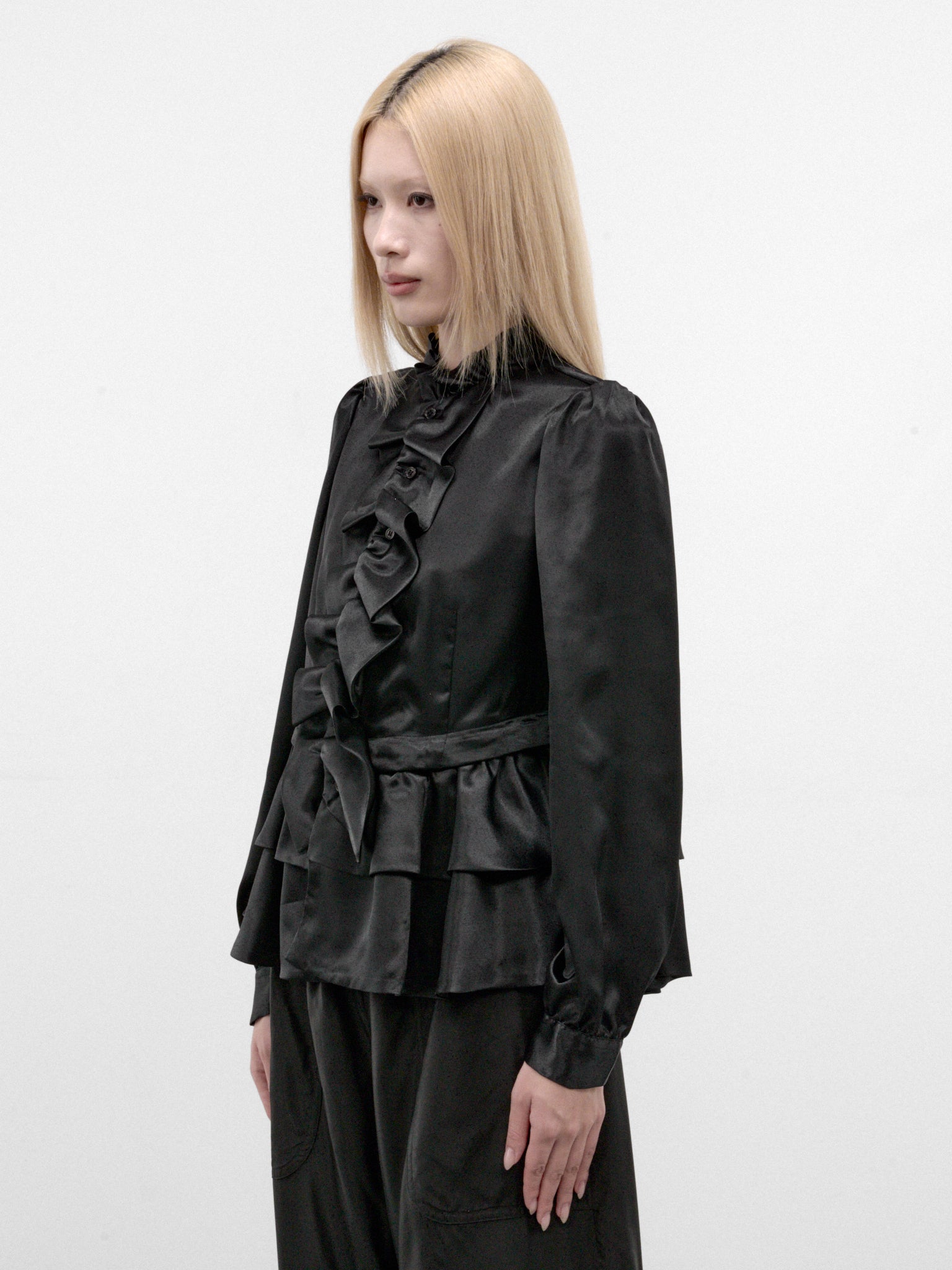 Black Satin Ruffled Peplum Blouse (3R-B005-W26-BLACK)