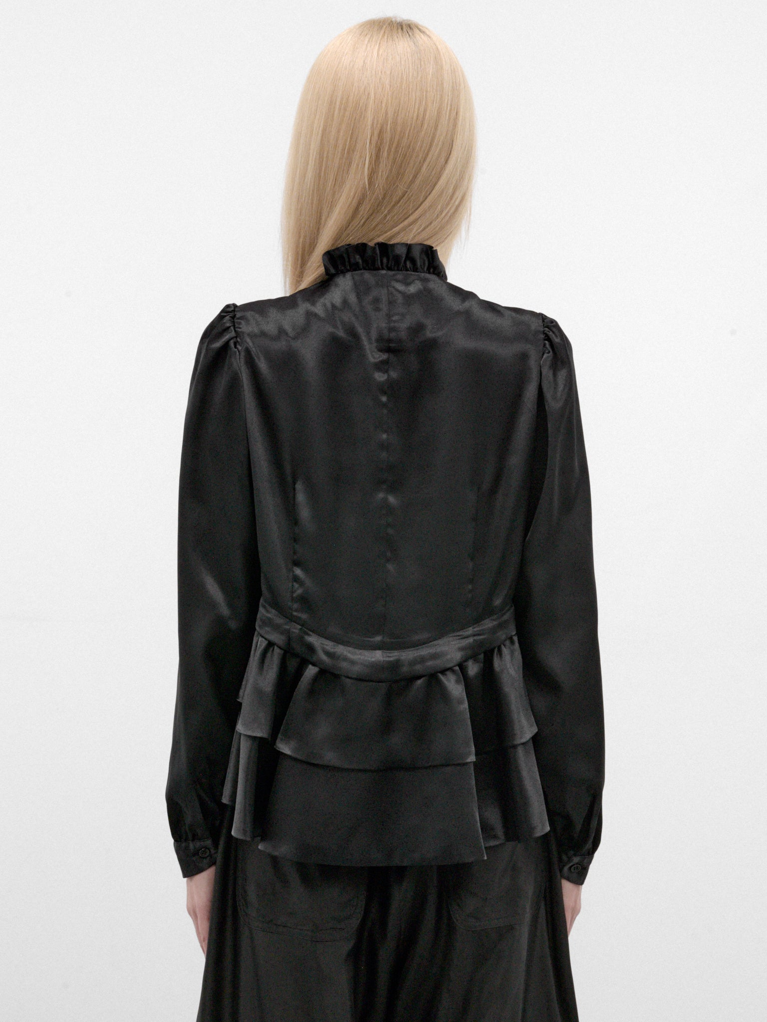 Black Satin Ruffled Peplum Blouse (3R-B005-W26-BLACK)