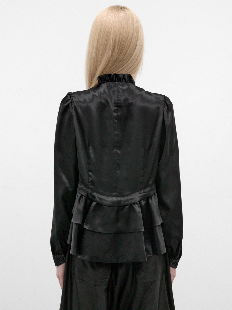 Black Satin Ruffled Peplum Blouse (3R-B005-W26-BLACK)