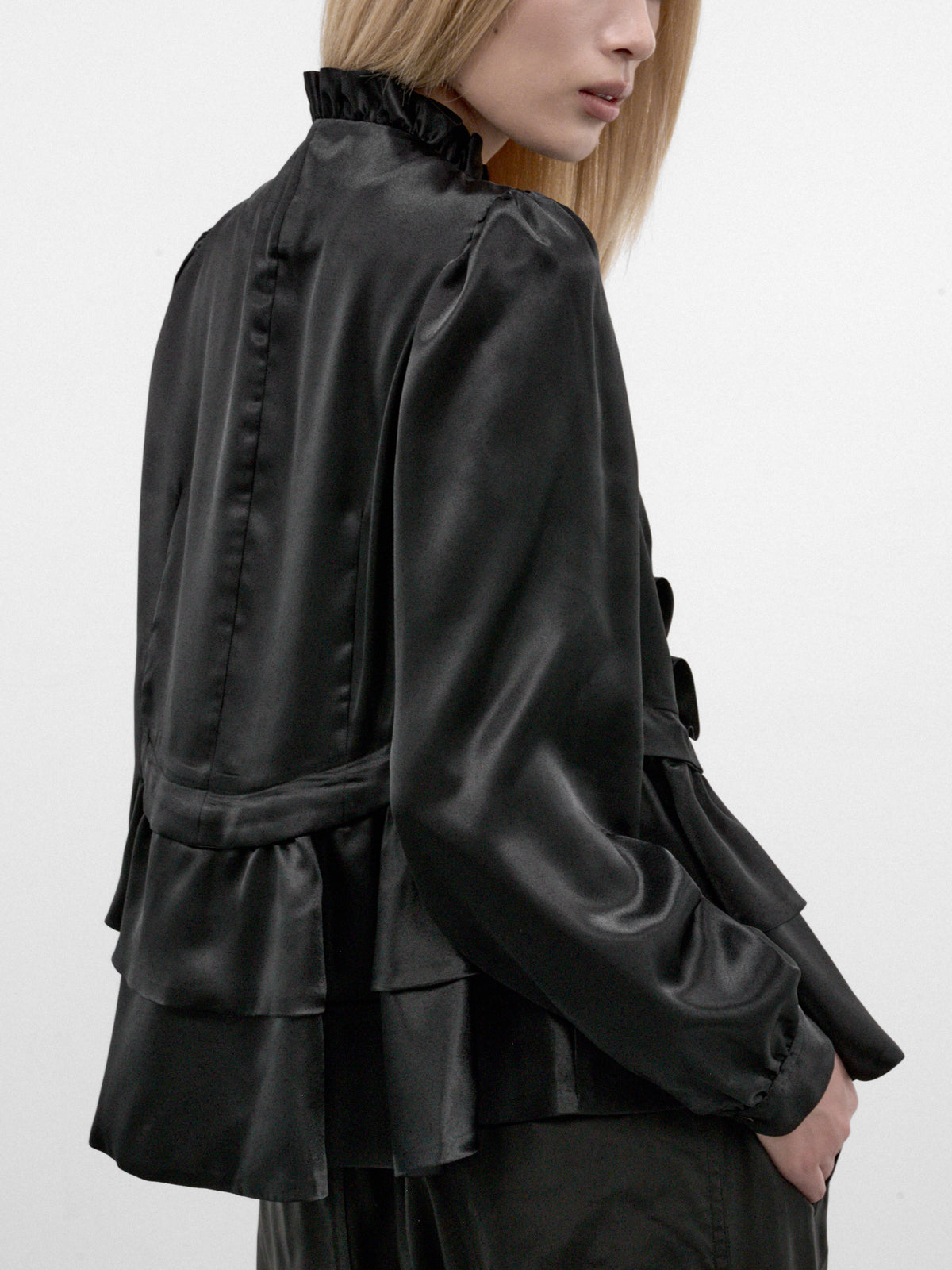 Black Satin Ruffled Peplum Blouse (3R-B005-W26-BLACK)