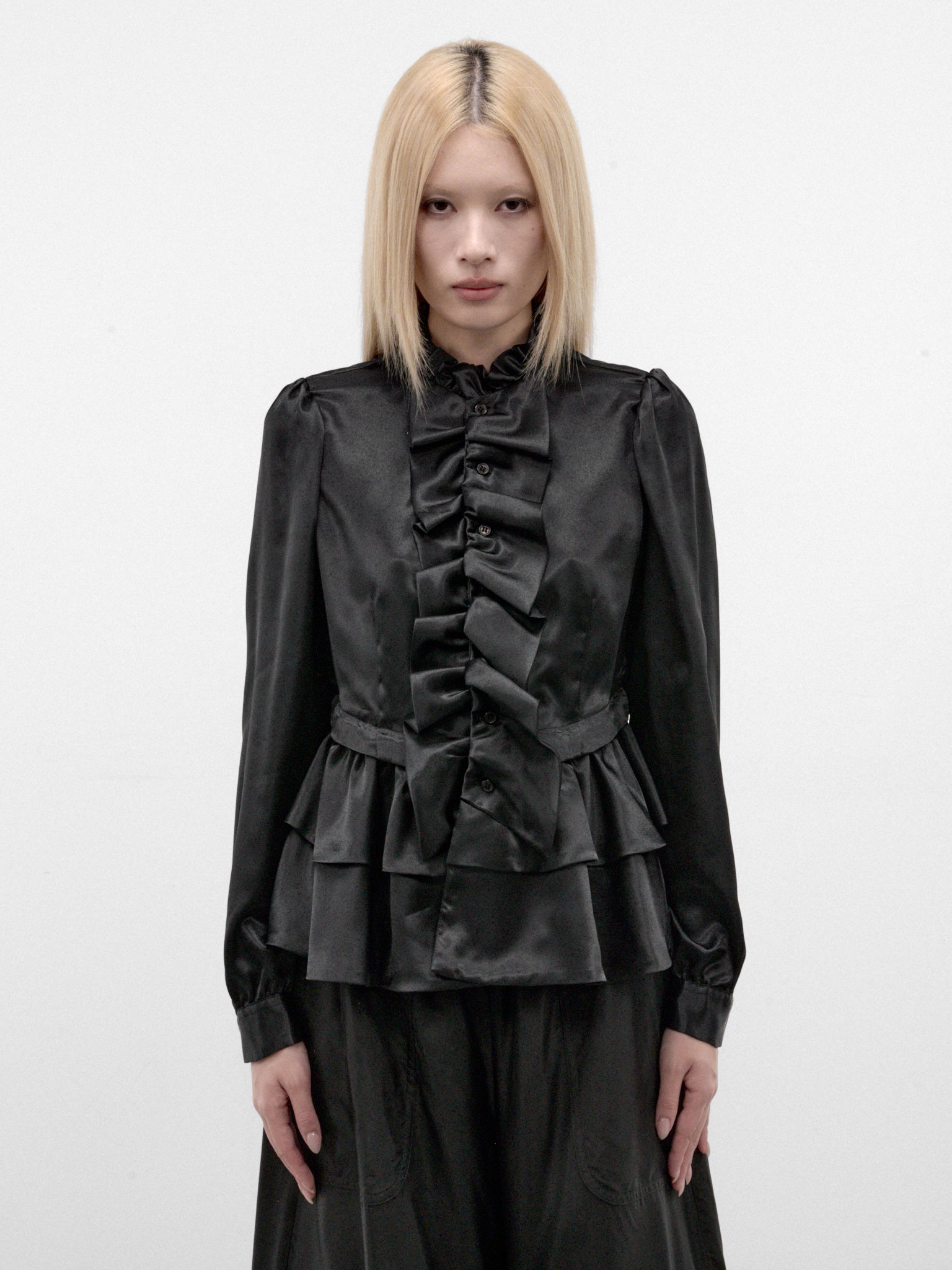 Black Satin Ruffled Peplum Blouse (3R-B005-W26-BLACK)