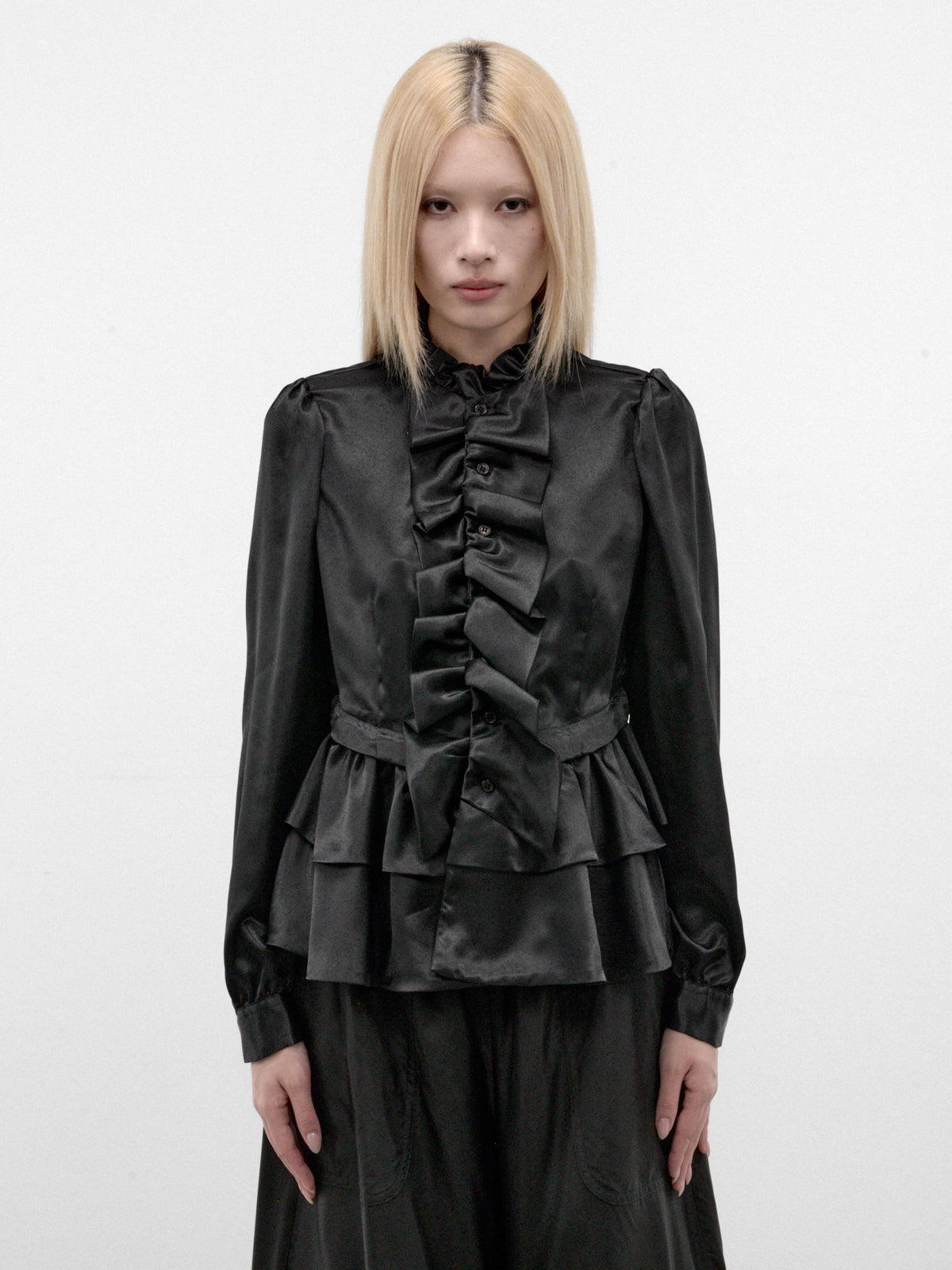 Black Satin Ruffled Peplum Blouse (3R-B005-W26-BLACK)