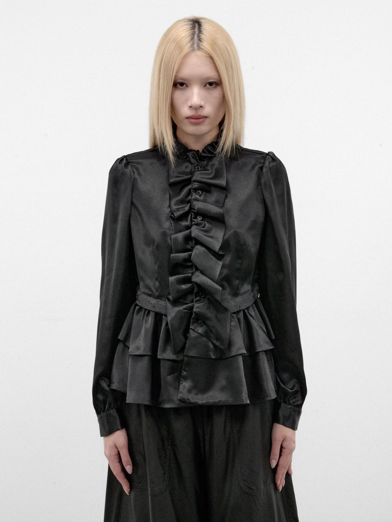 Black Satin Ruffled Peplum Blouse (3R-B005-W26-BLACK)