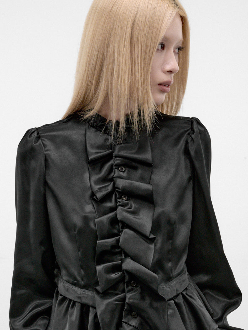 Black Satin Ruffled Peplum Blouse (3R-B005-W26-BLACK)