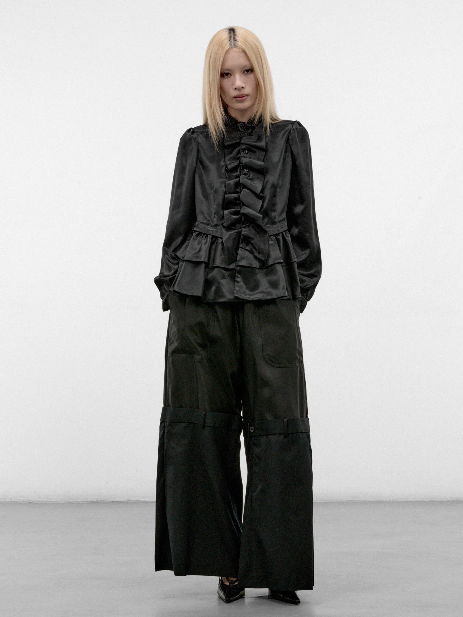 Black Satin Ruffled Peplum Blouse (3R-B005-W26-BLACK)