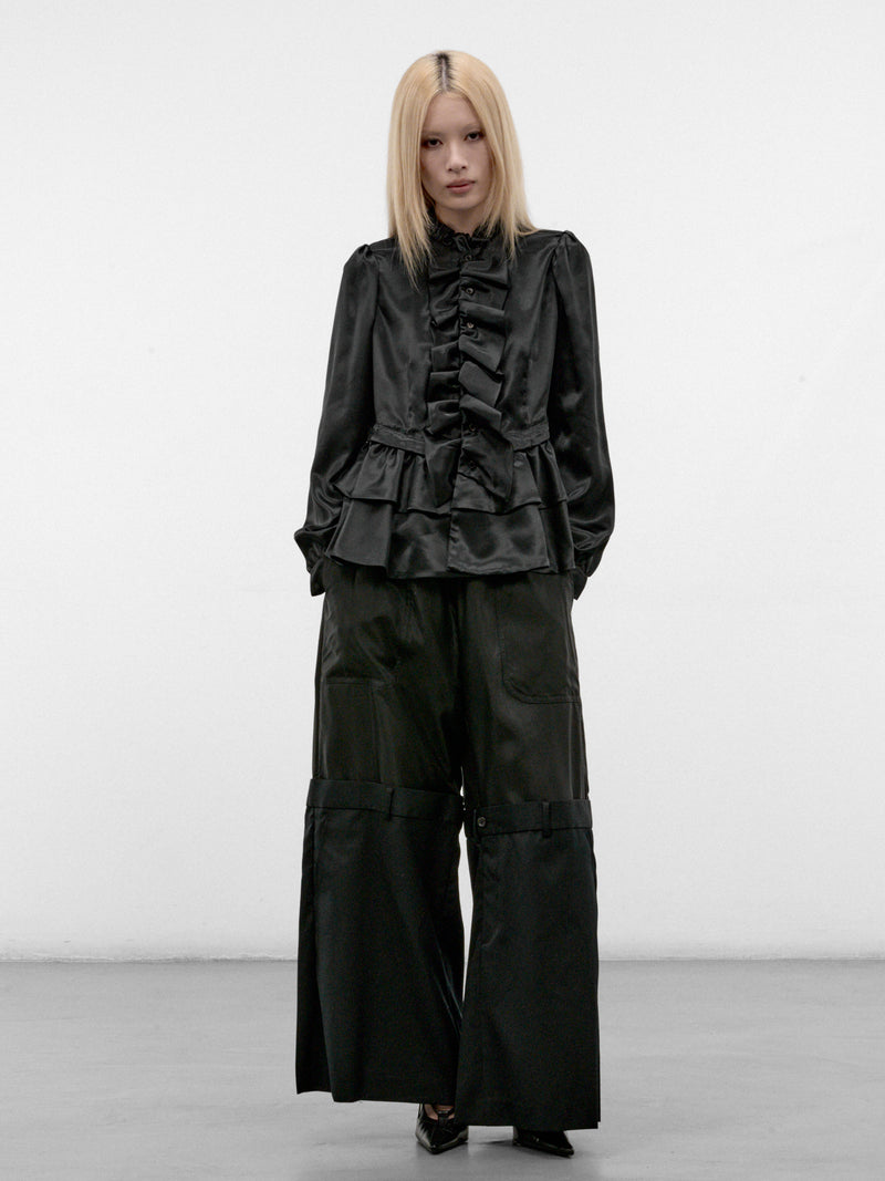 Black Satin Ruffled Peplum Blouse (3R-B005-W26-BLACK)