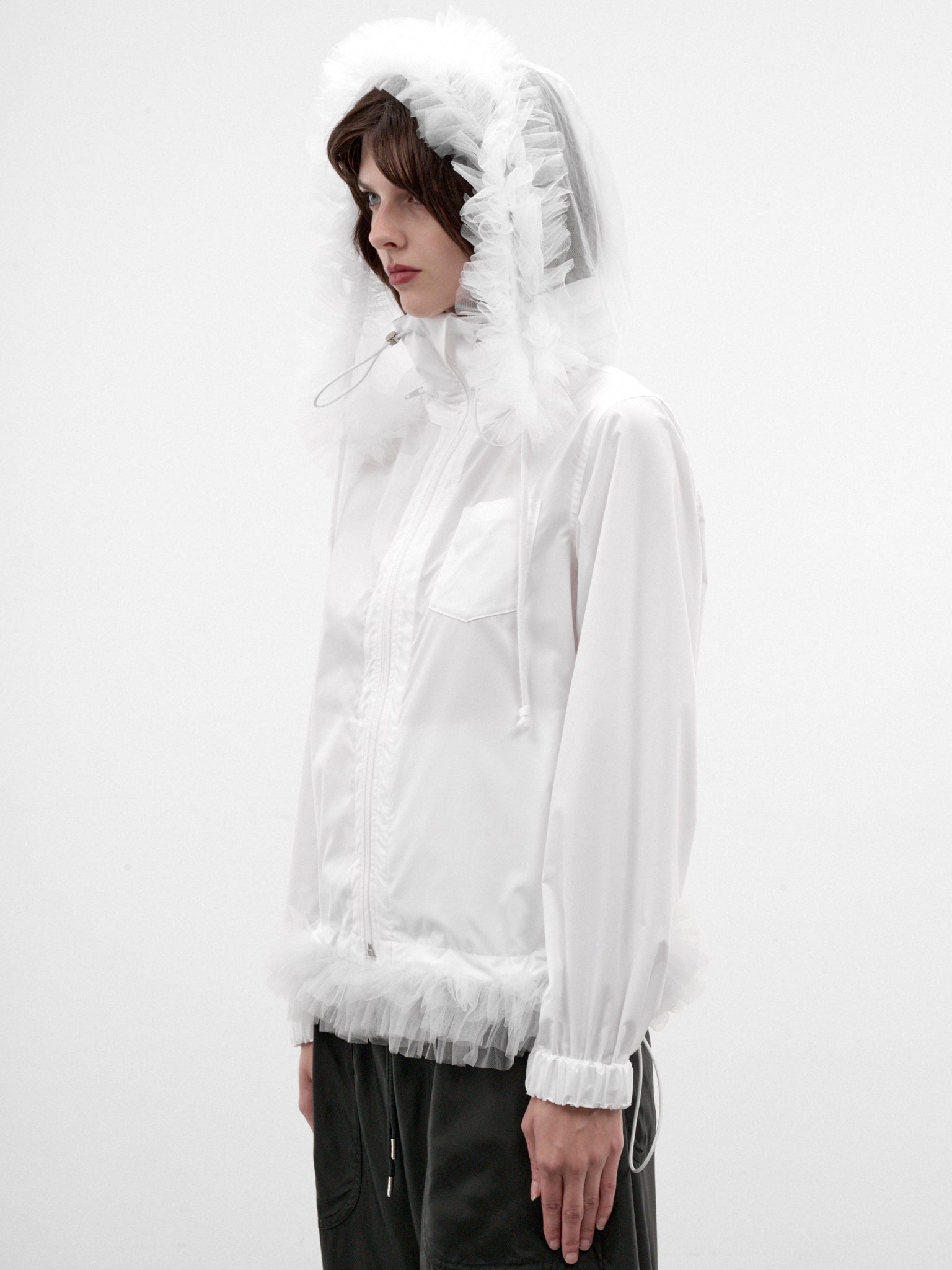 White Ruffled Sheer Hooded Jacket (3R-B010-W26-WHITE-WHITE)