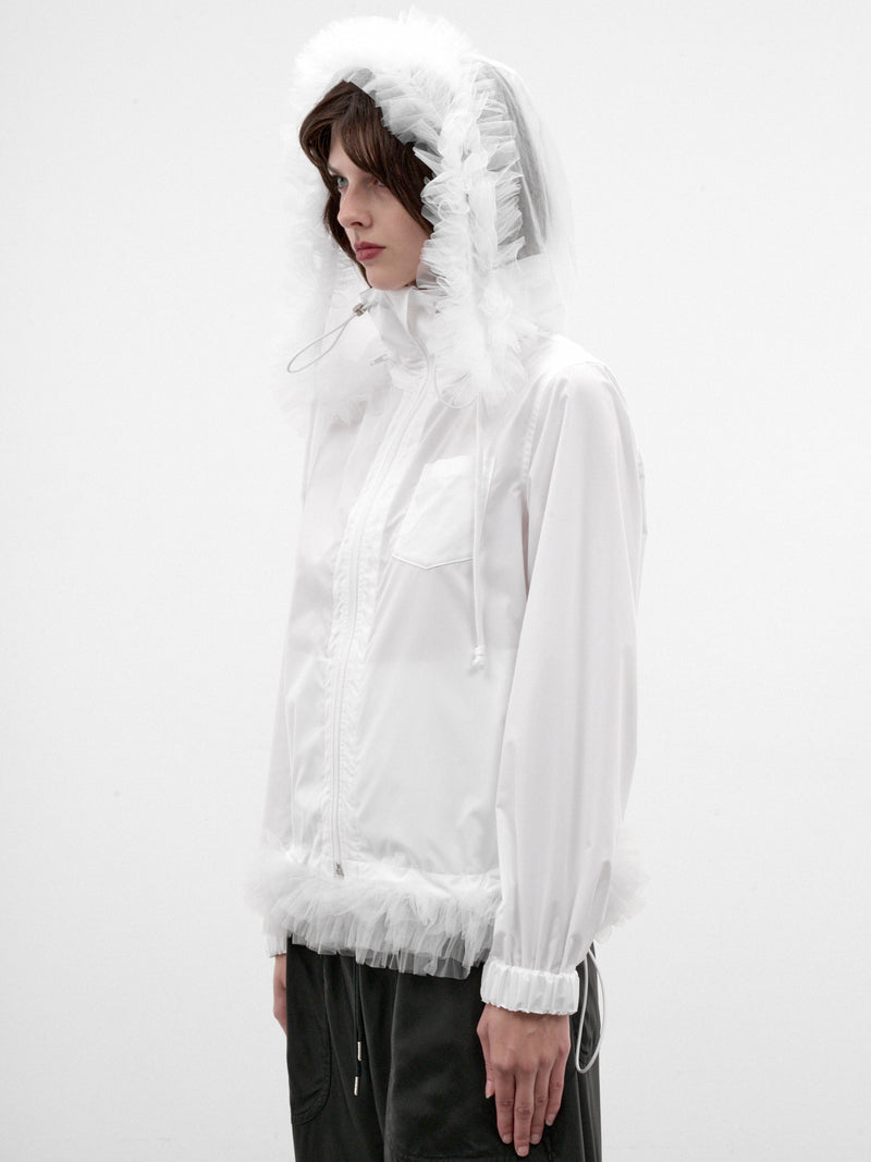 White Ruffled Sheer Hooded Jacket (3R-B010-W26-WHITE-WHITE)