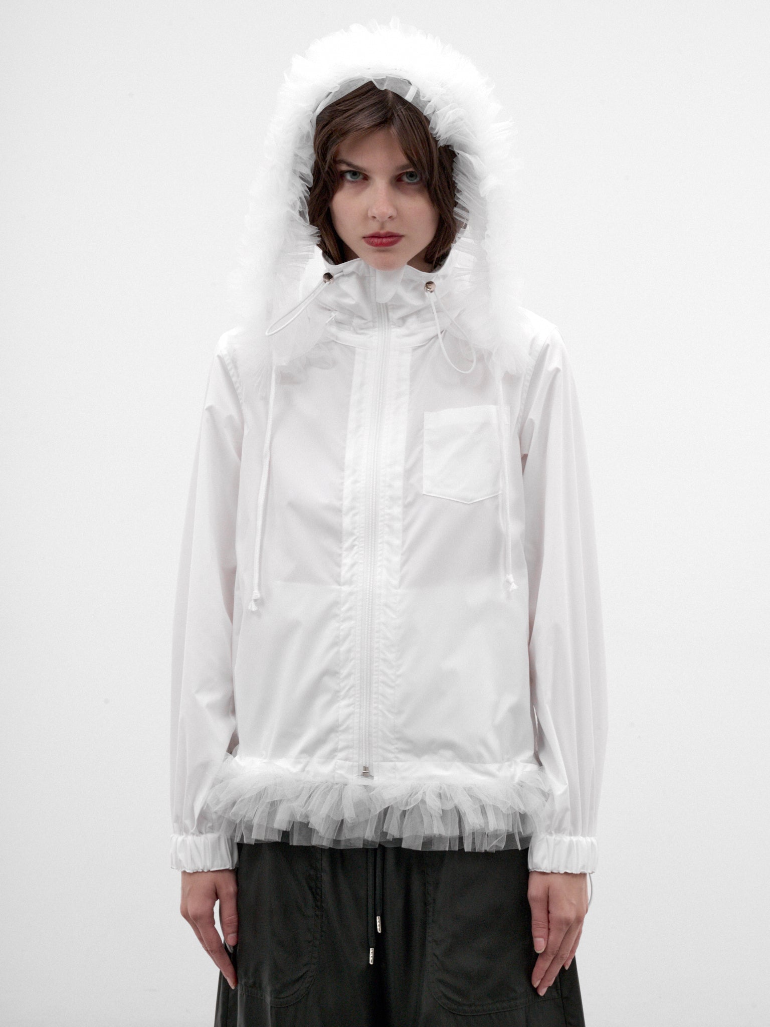 White Ruffled Sheer Hooded Jacket (3R-B010-W26-WHITE-WHITE)
