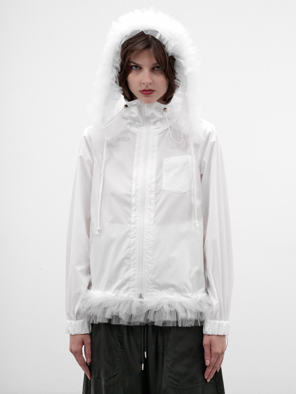 White Ruffled Sheer Hooded Jacket (3R-B010-W26-WHITE-WHITE)