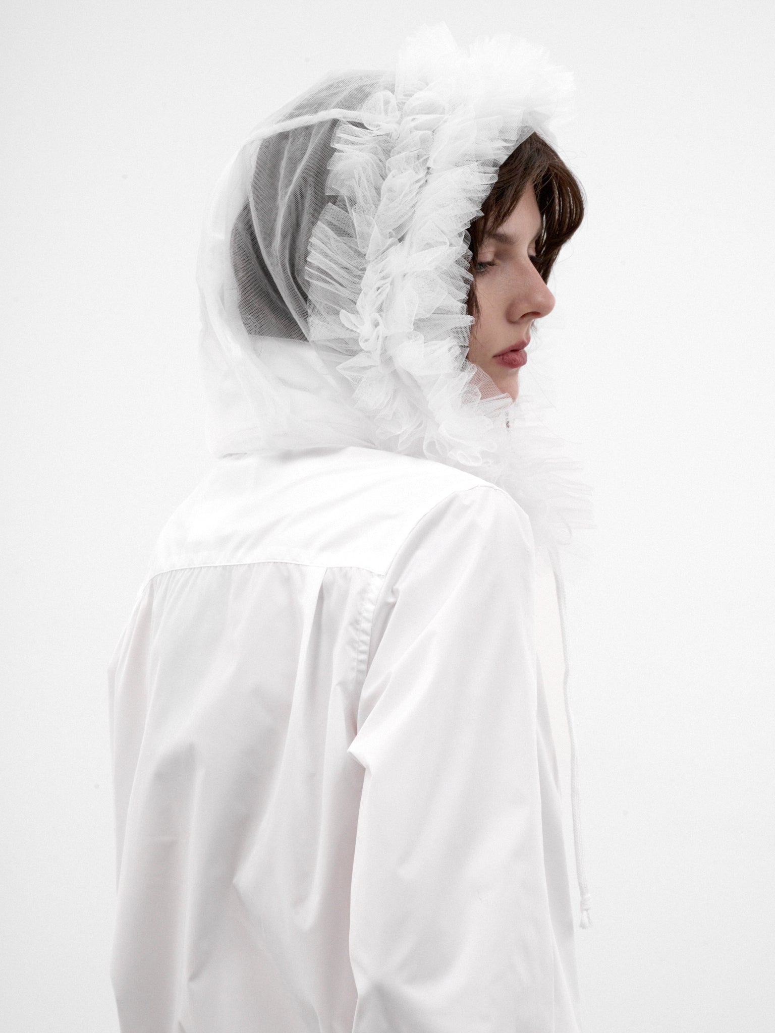 White Ruffled Sheer Hooded Jacket (3R-B010-W26-WHITE-WHITE)