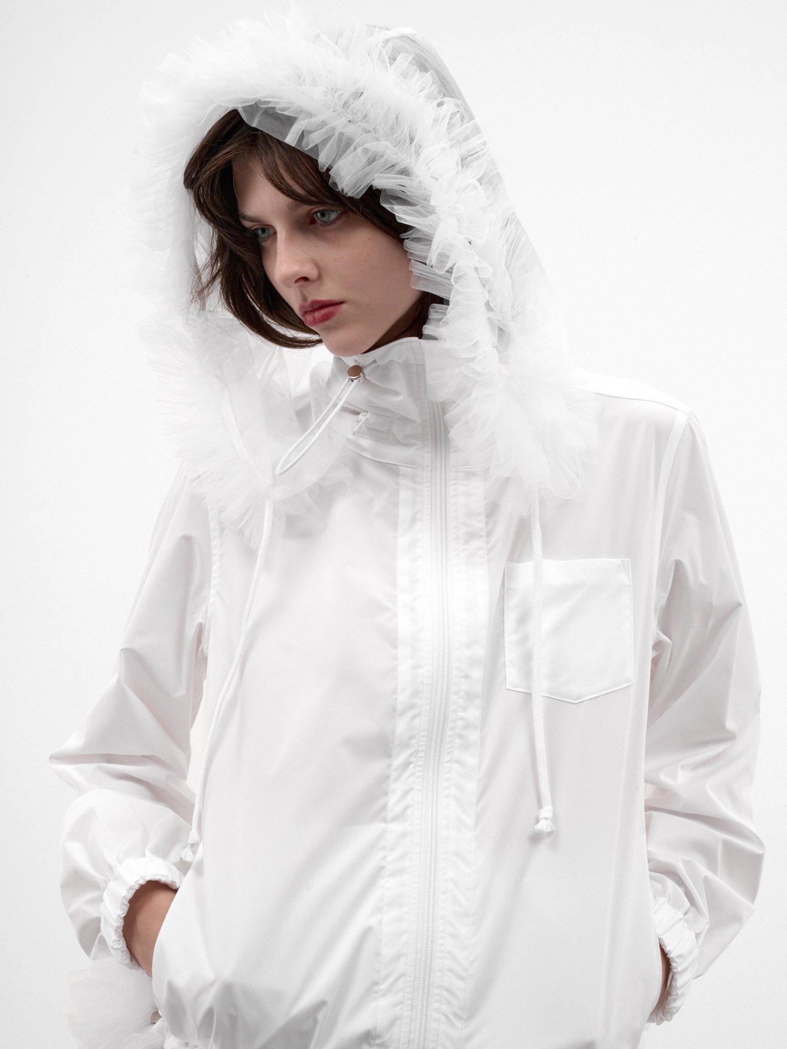 White Ruffled Sheer Hooded Jacket (3R-B010-W26-WHITE-WHITE)